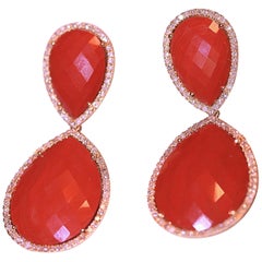 Red Jasper and Diamond Earrings 14 Karat Yellow Gold 1.56 Carat of Diamonds