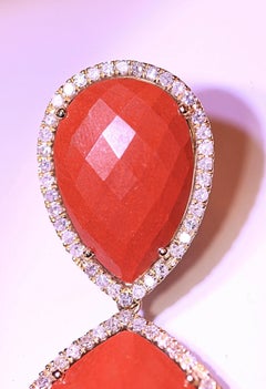 Red Jasper and Diamond Earrings 14 Karat Yellow Gold 1.56 Carat of Diamonds