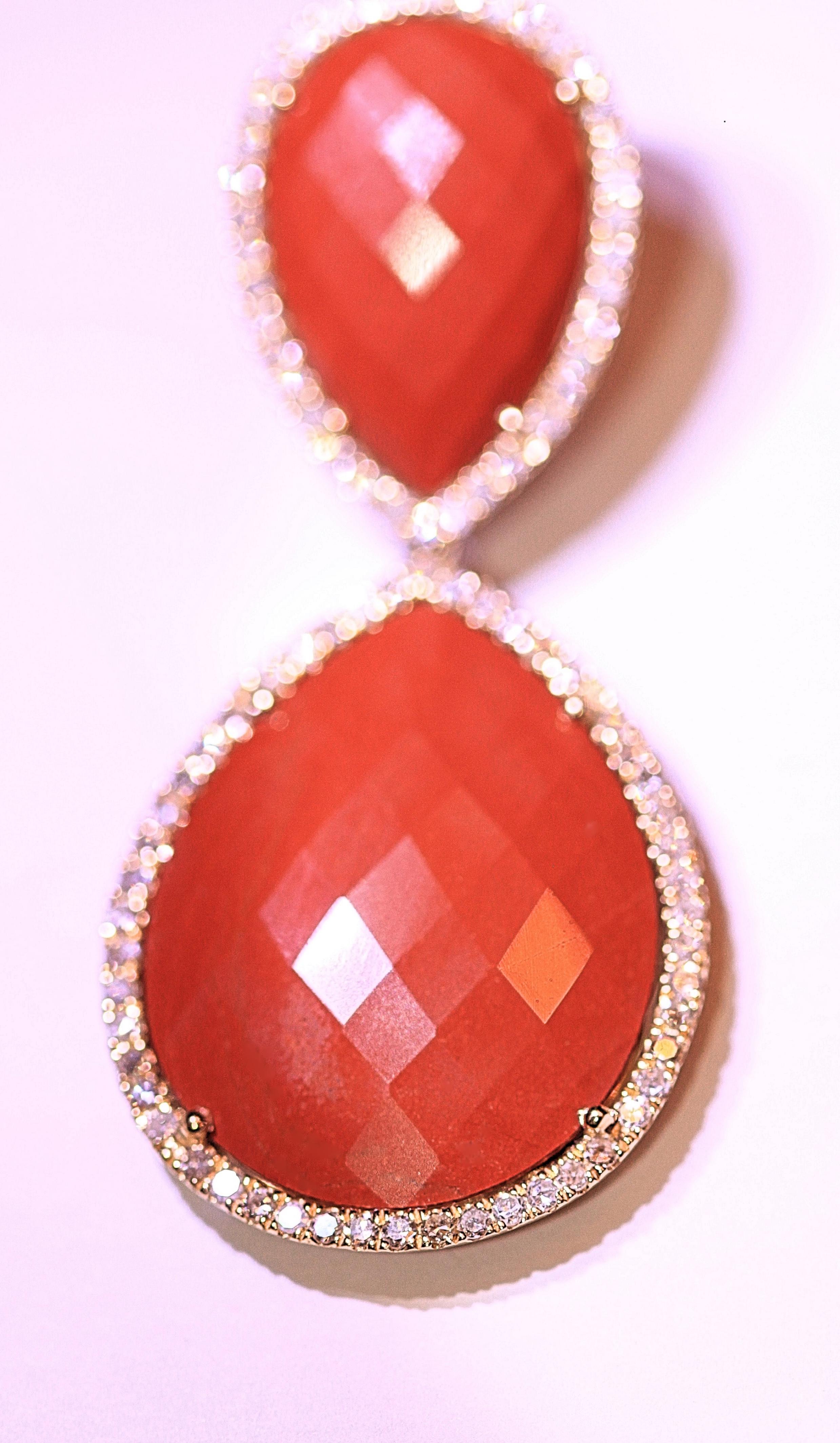 Contemporary Red Jasper and Diamond Earrings 14 Karat Yellow Gold 1.56 Carat of Diamonds For Sale