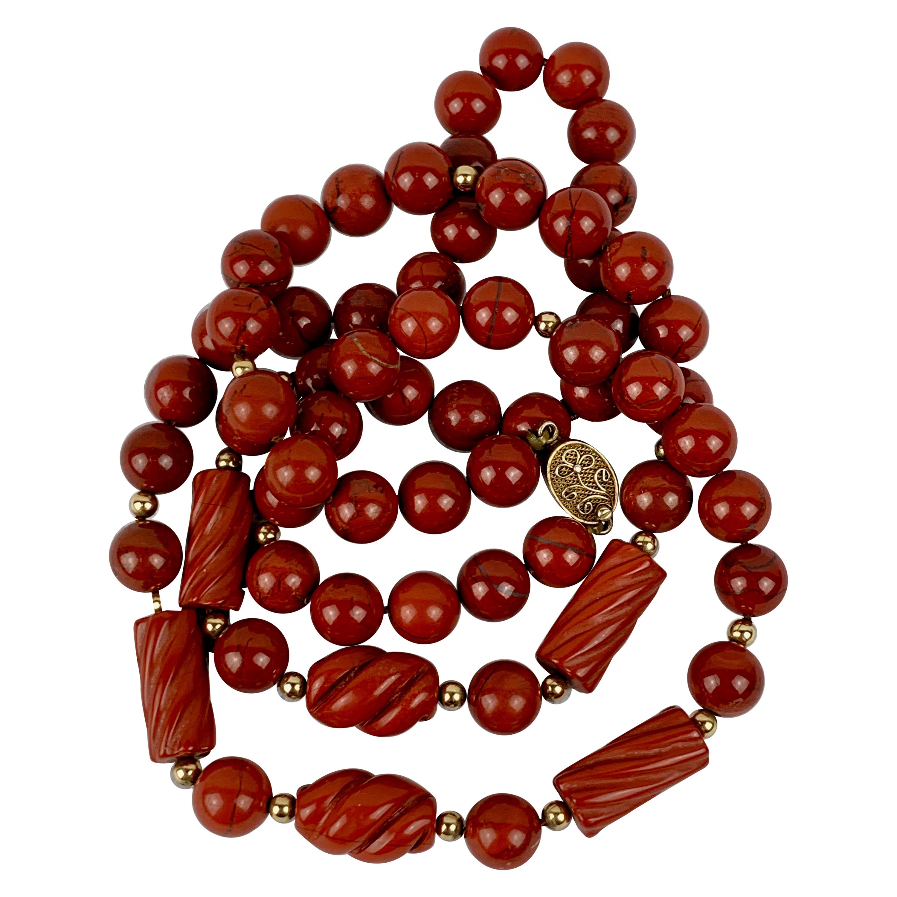  Matched Red Jasper Bead Necklace with 14 Karat Gold Spacers- 31" Long