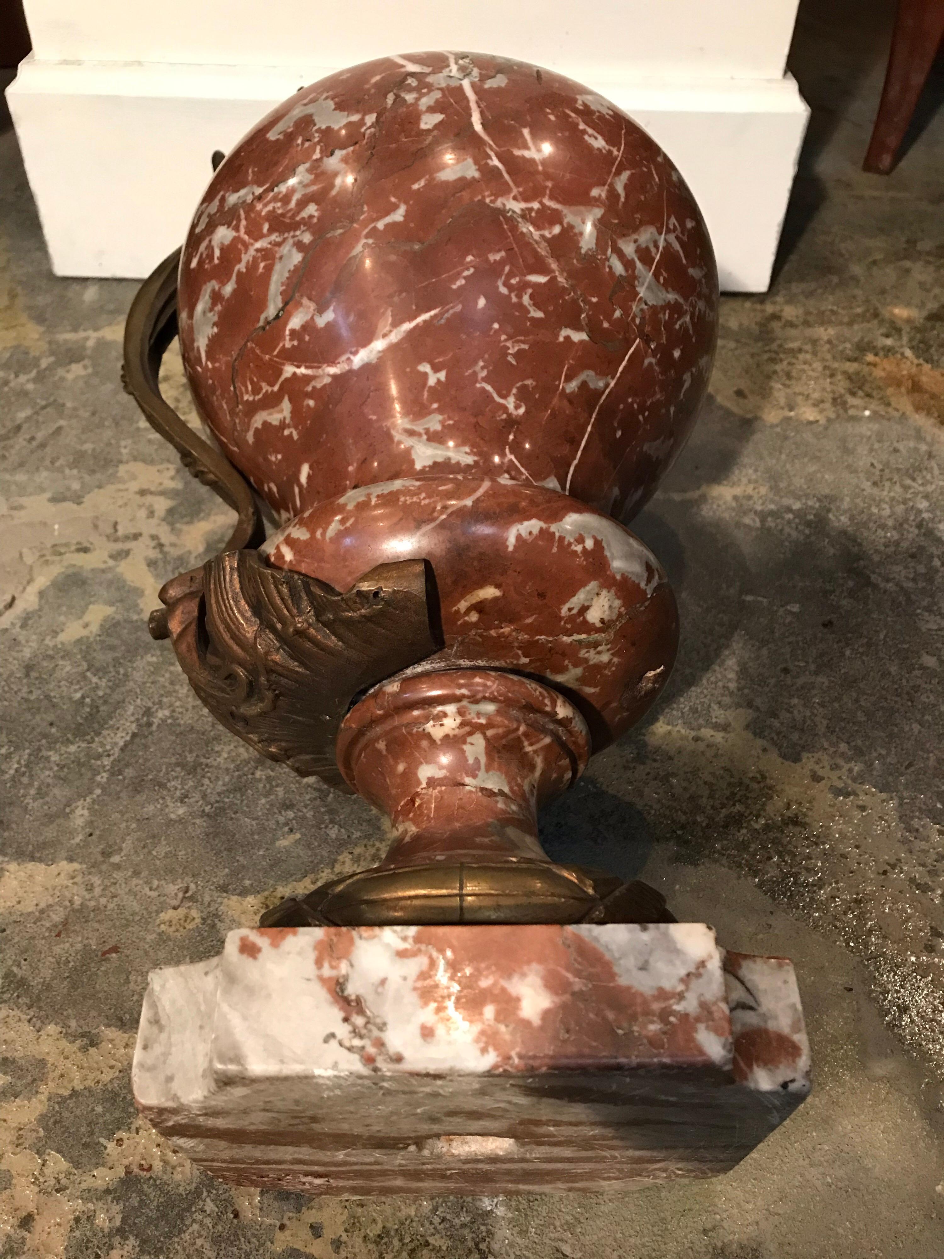Red Jasper Marble Urn with Bronze Handle For Sale 7