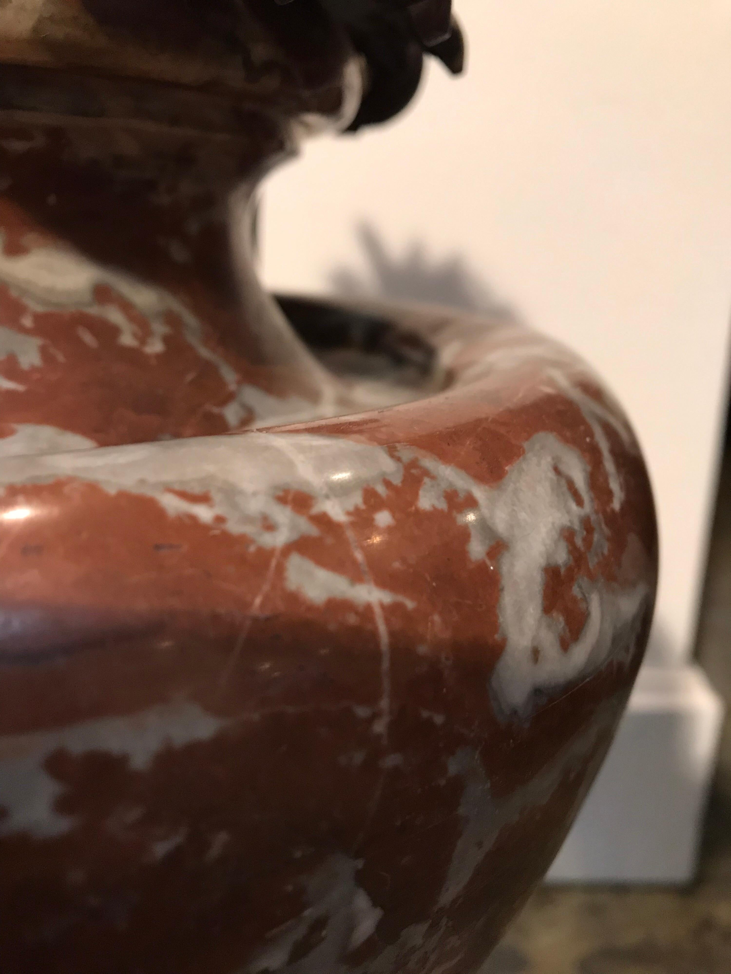 20th Century Red Jasper Marble Urn with Bronze Handle For Sale