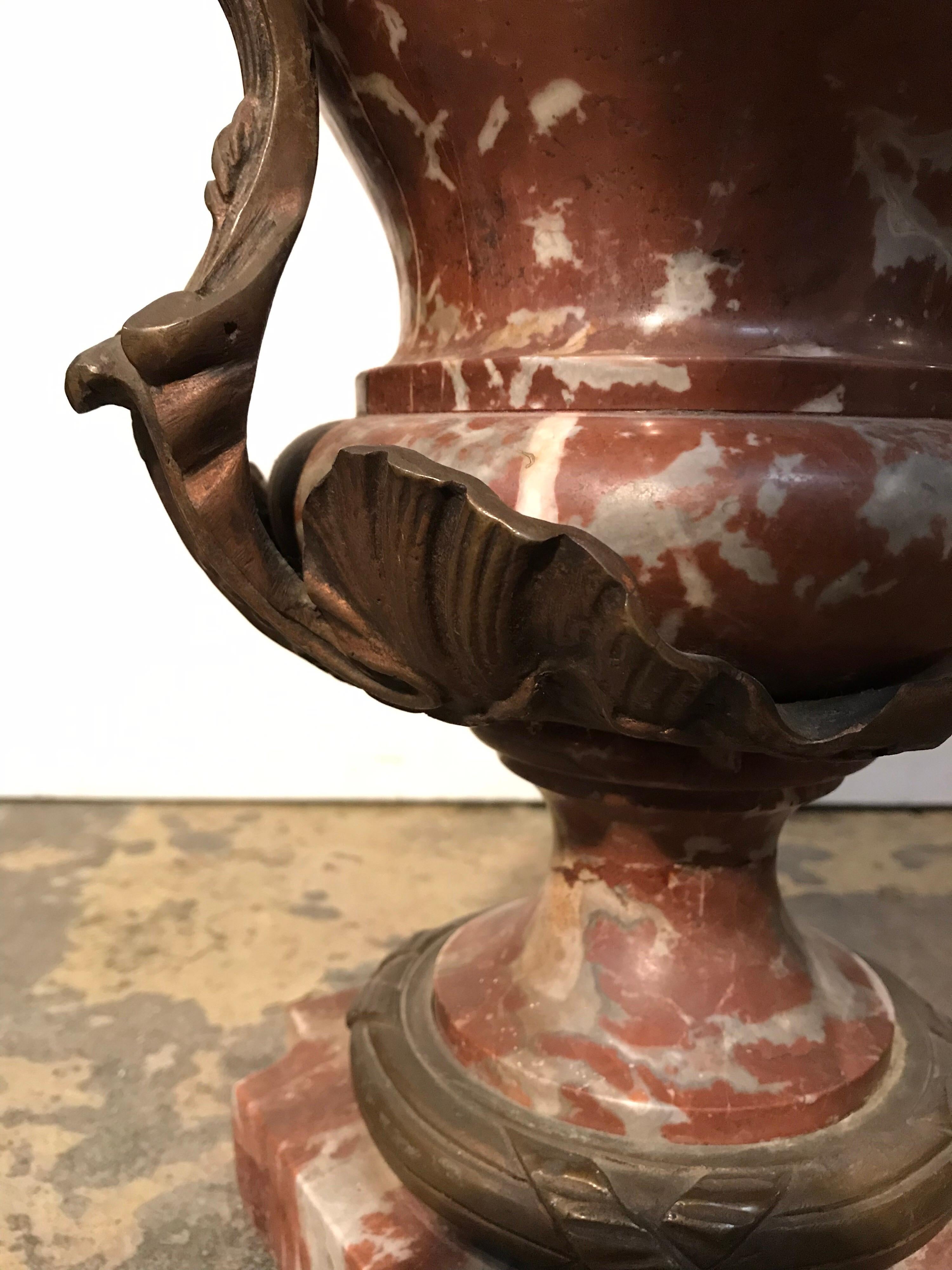 Red Jasper Marble Urn with Bronze Handle For Sale 2