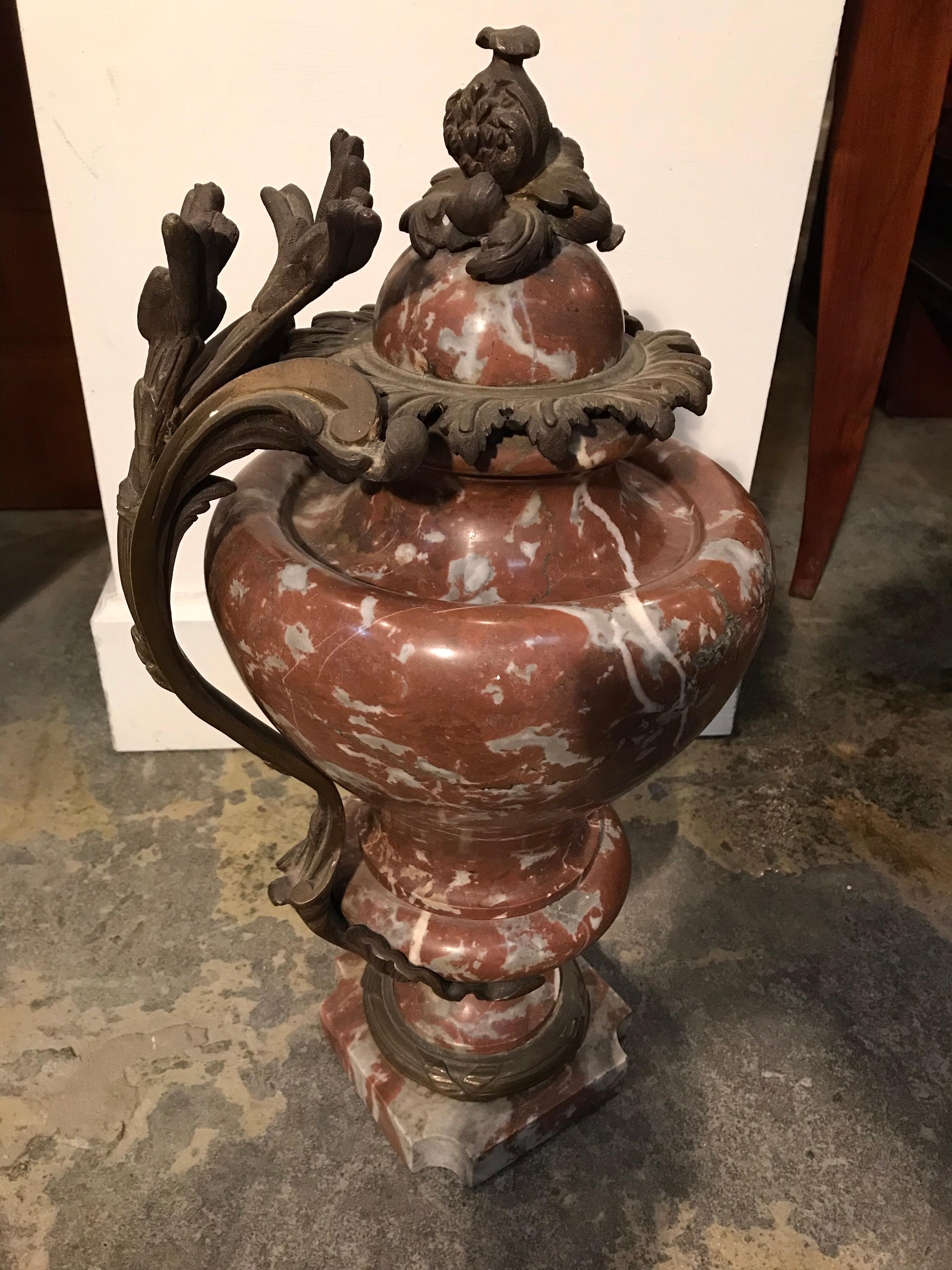 Red Jasper Marble Urn with Bronze Handle For Sale 3
