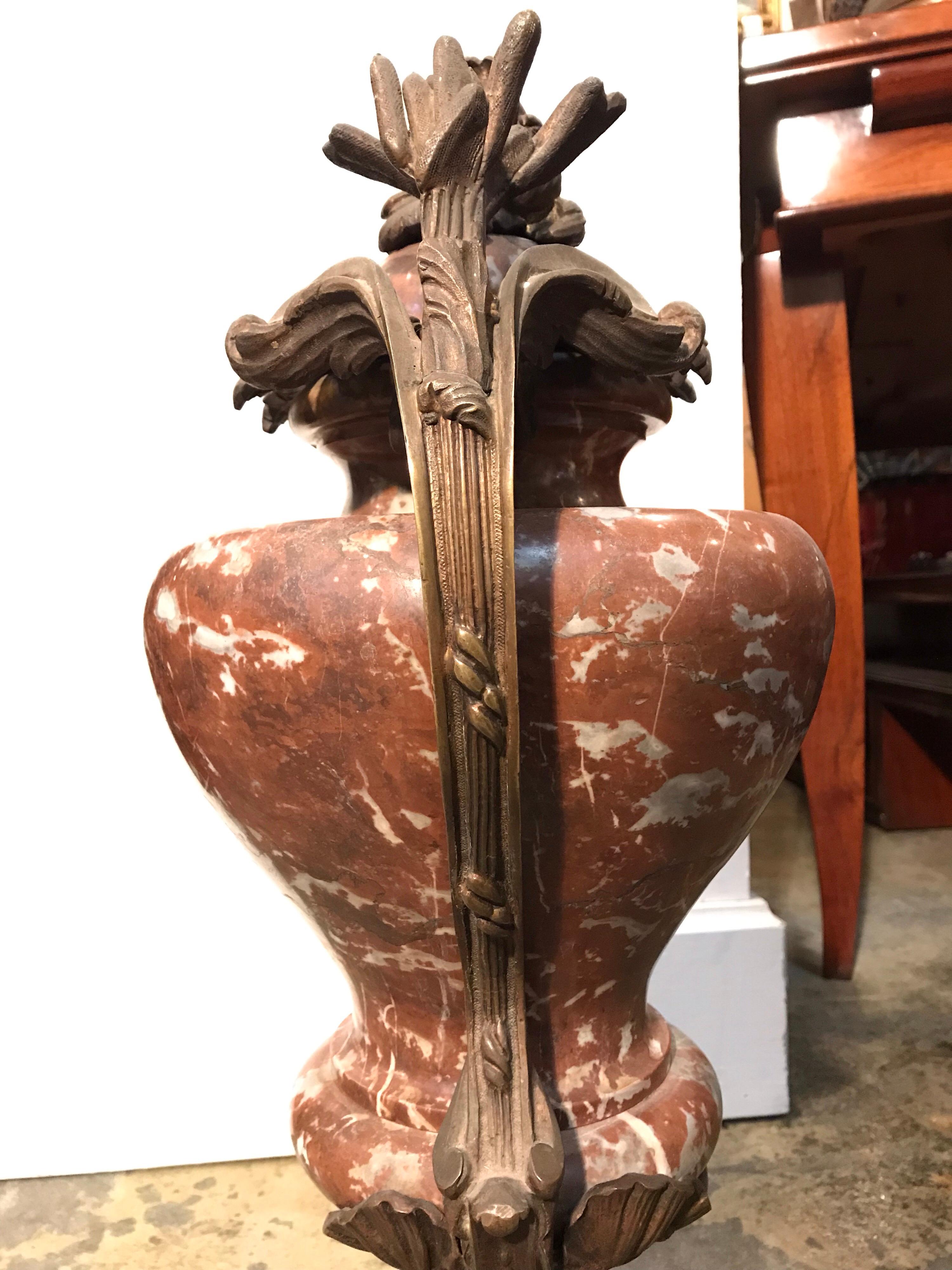 Red Jasper Marble Urn with Bronze Handle For Sale 4