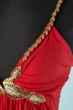 Red jersey cocktail dress with jewelerry neckline and belt Roberto Cavalli NEW