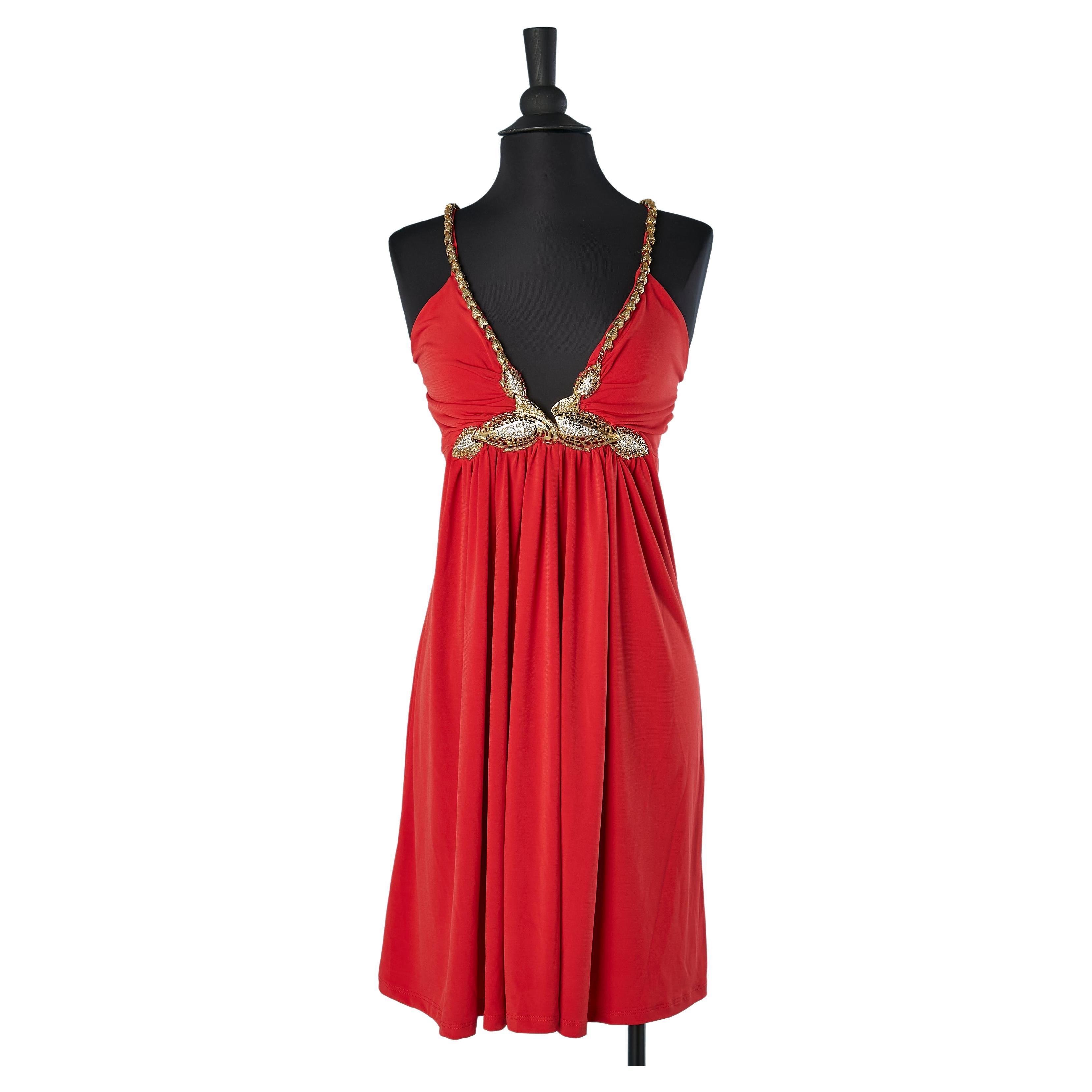 Red jersey cocktail dress with jewelerry neckline and belt Roberto Cavalli NEW  For Sale
