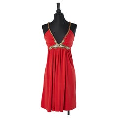 Roberto Cavalli - Robe de cocktail en jersey rouge avec encolure et ceinture ornées de bijoux, état neuf