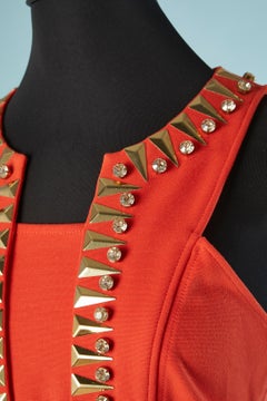 Red jersey cocktail dress with rhinestone and metal plaque Versace Collection