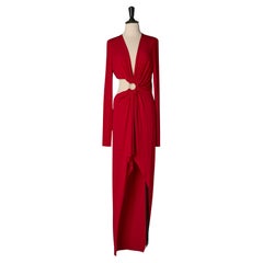 Red jersey draped evening dress with rhinestone ring ALEXANDRE VAUTHIER New