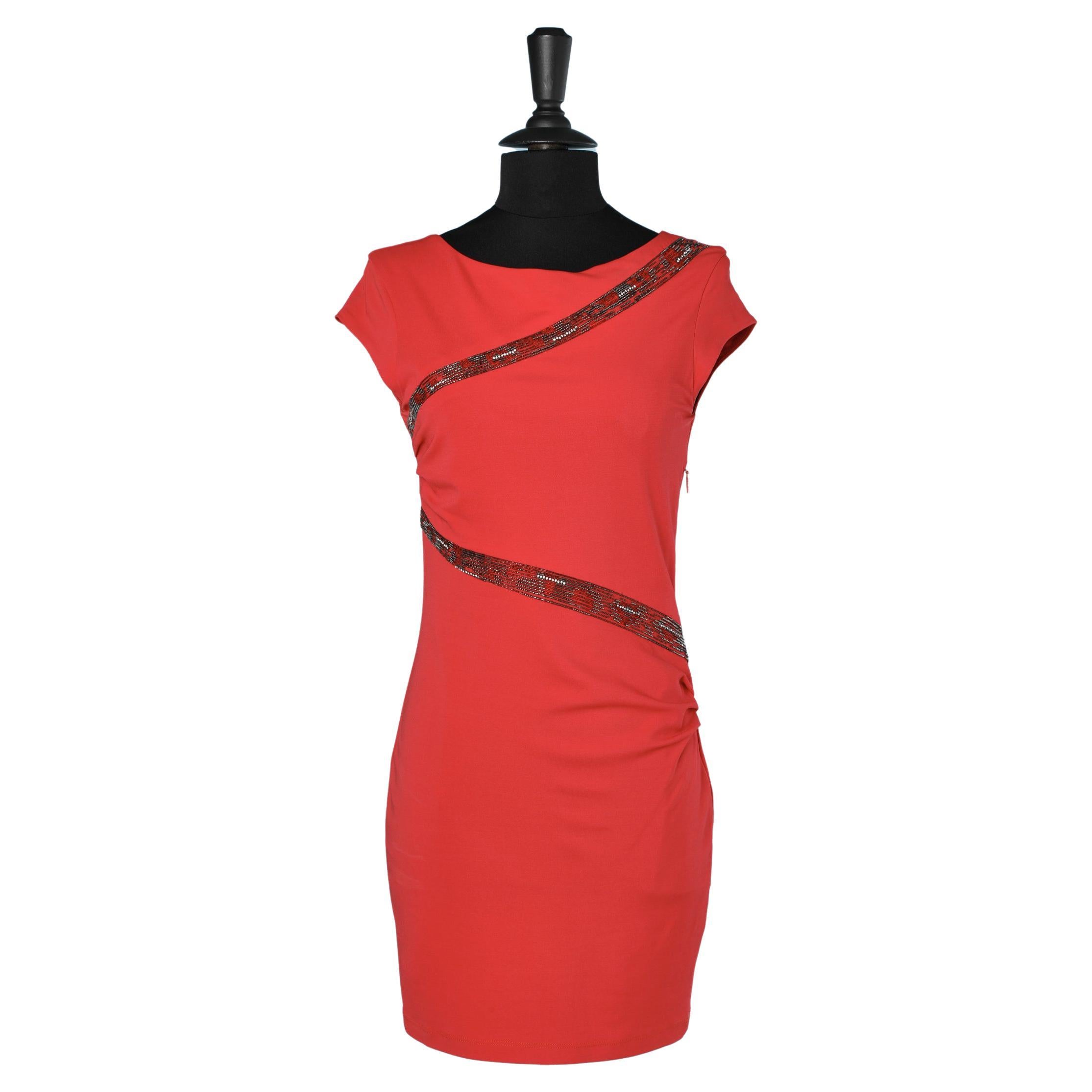 Red jersey dress with asymmetrical beaded work Roberto Cavalli