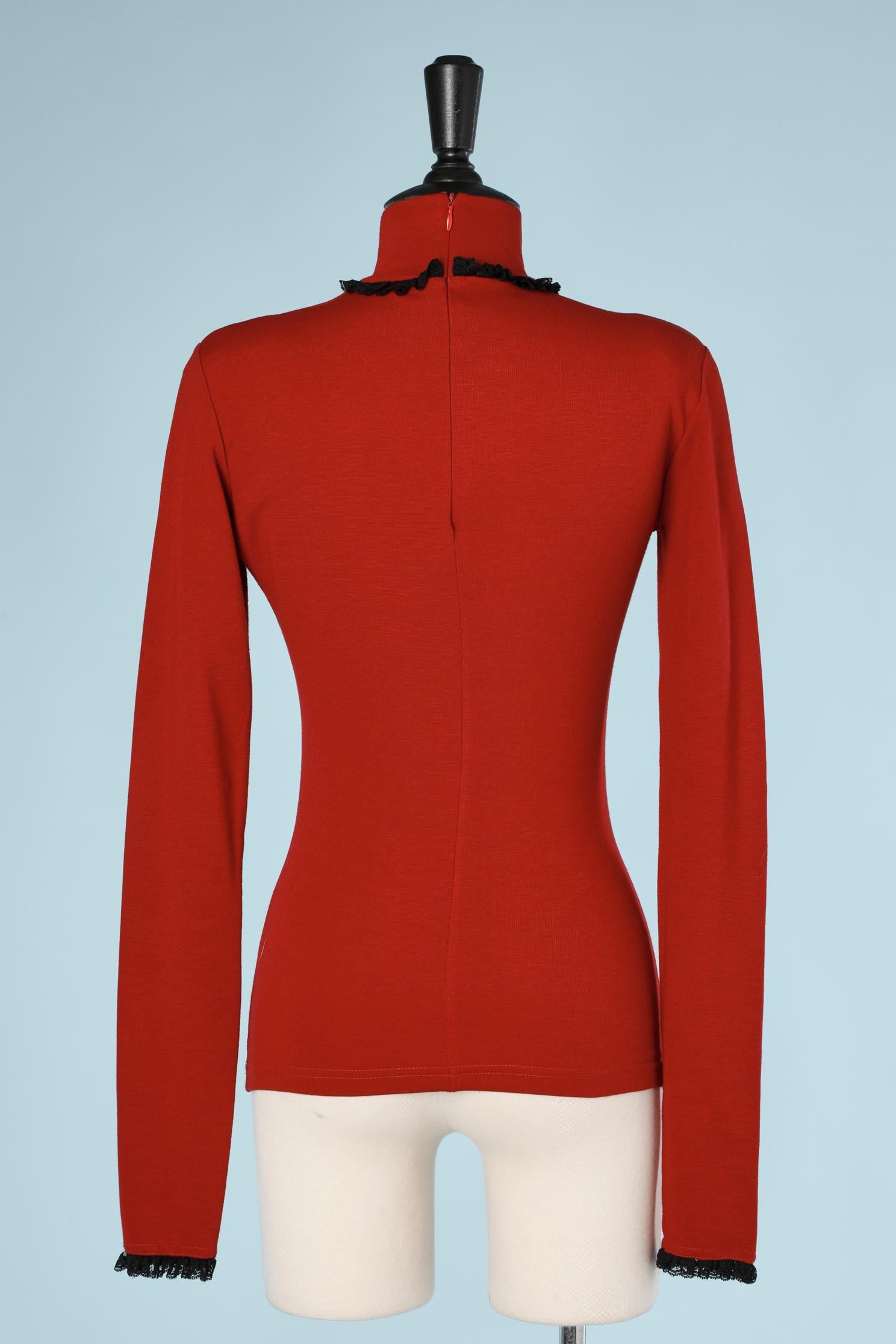 Women's Red jersey top with black lace ruffles edge Chantal Thomass For Sale