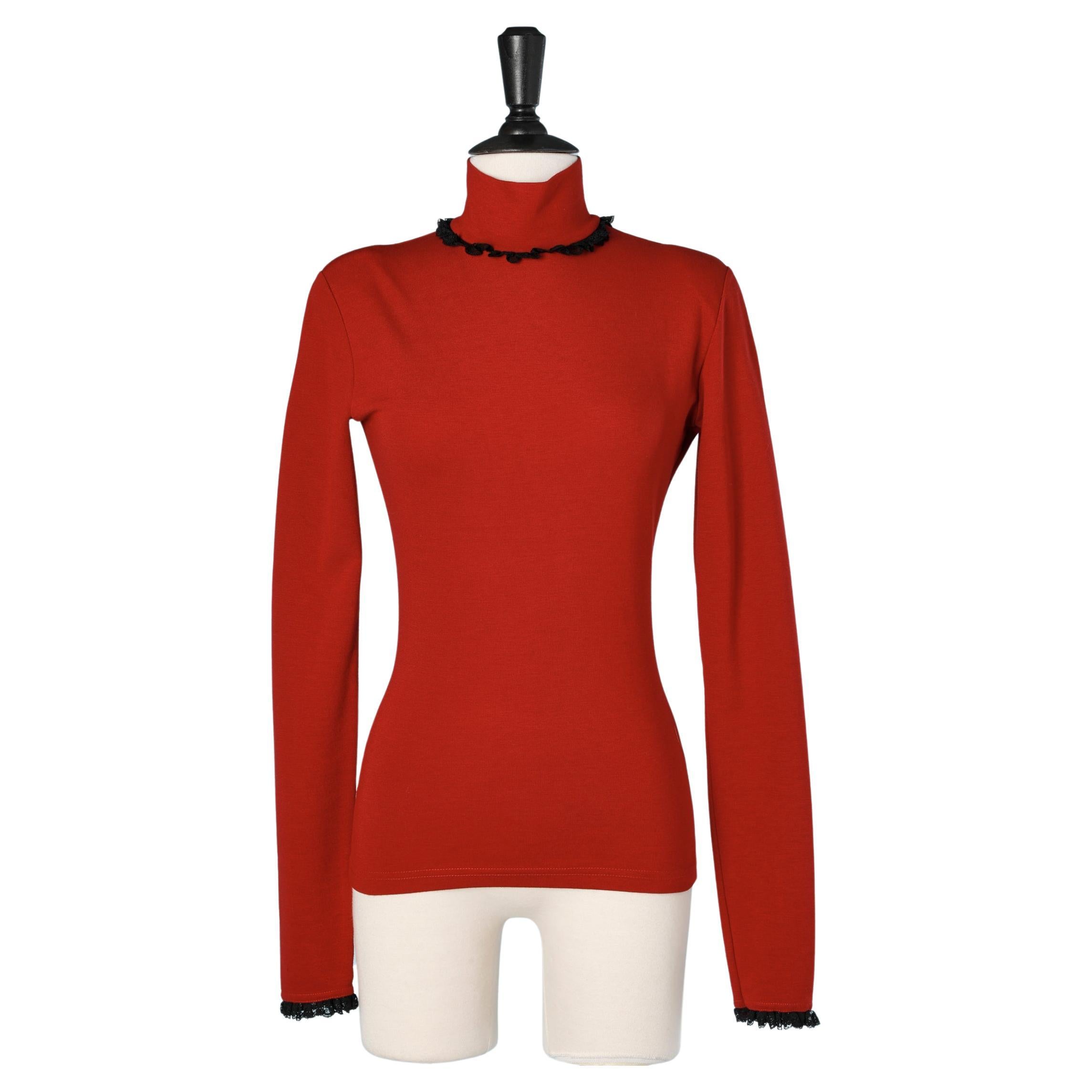 Red jersey top with black lace ruffles edge Chantal Thomass For Sale