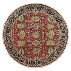 Red Karajeh Design Pure Wool Hand Knotted Oriental Round Rug