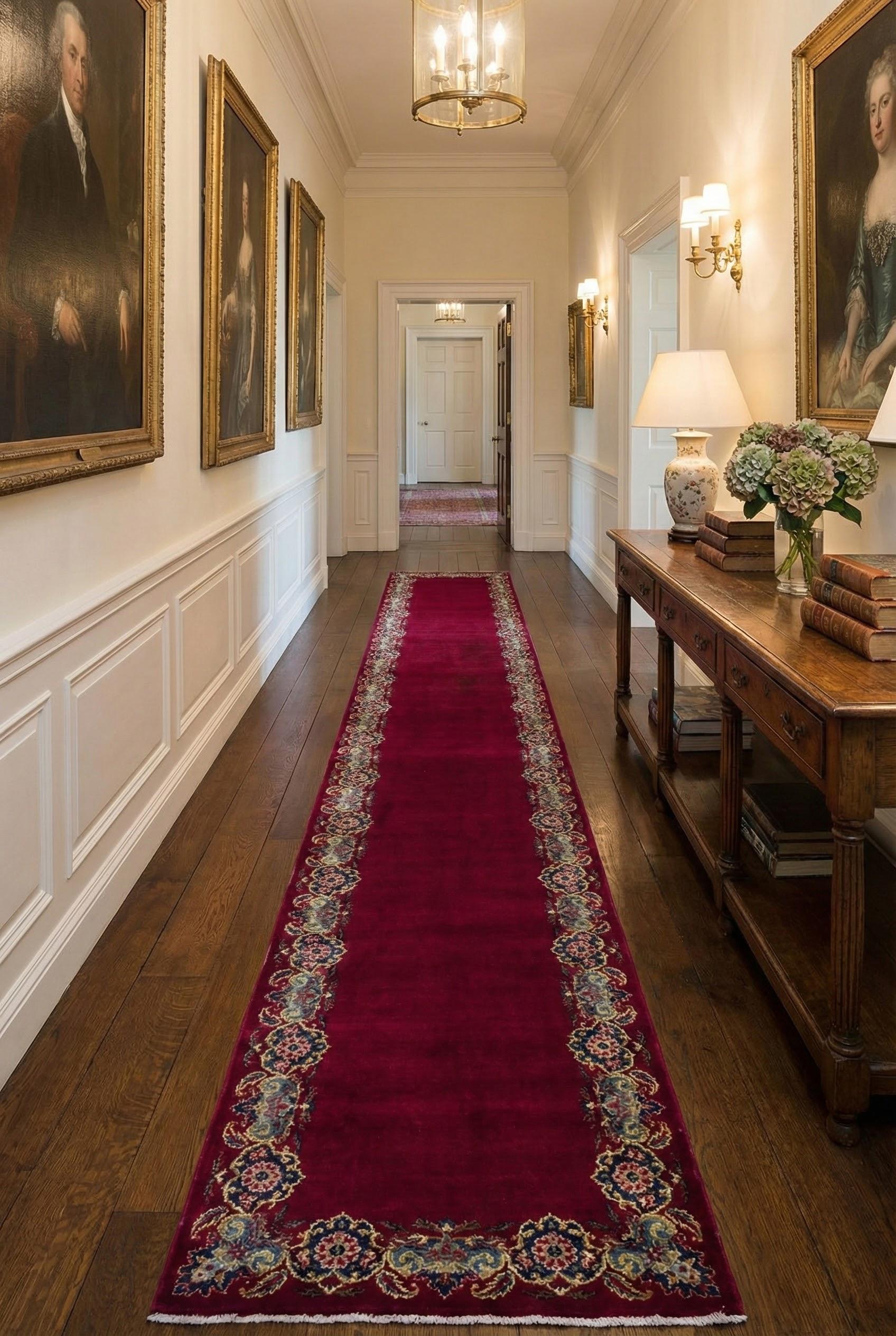 Persian Red Kashan Wool Hand Knotted Runner 3 ft x 18 ft, Crimson Border Serenade For Sale