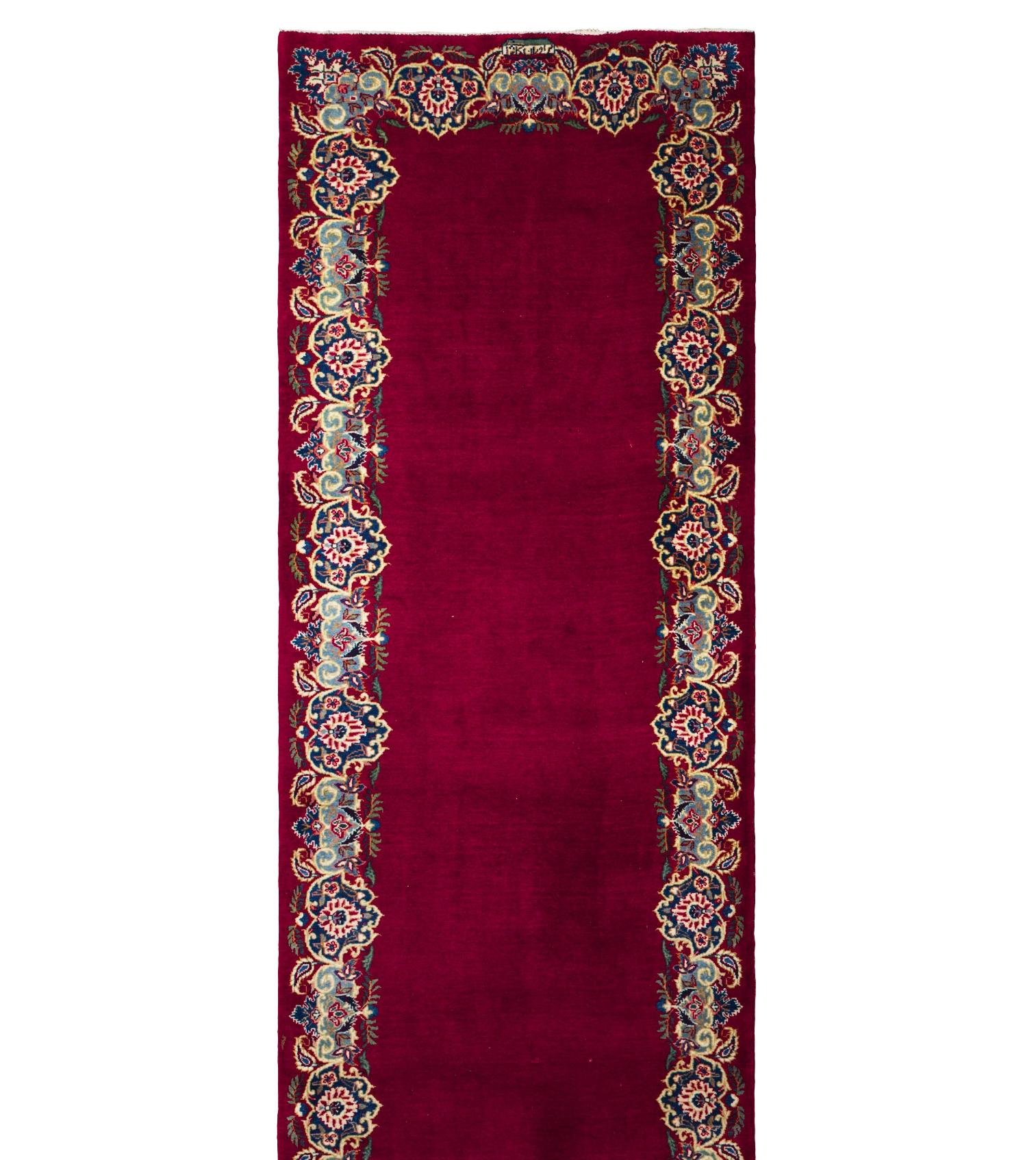 Red Kashan Wool Hand Knotted Runner 3 ft x 18 ft, Crimson Border Serenade In Excellent Condition For Sale In Dallas, TX