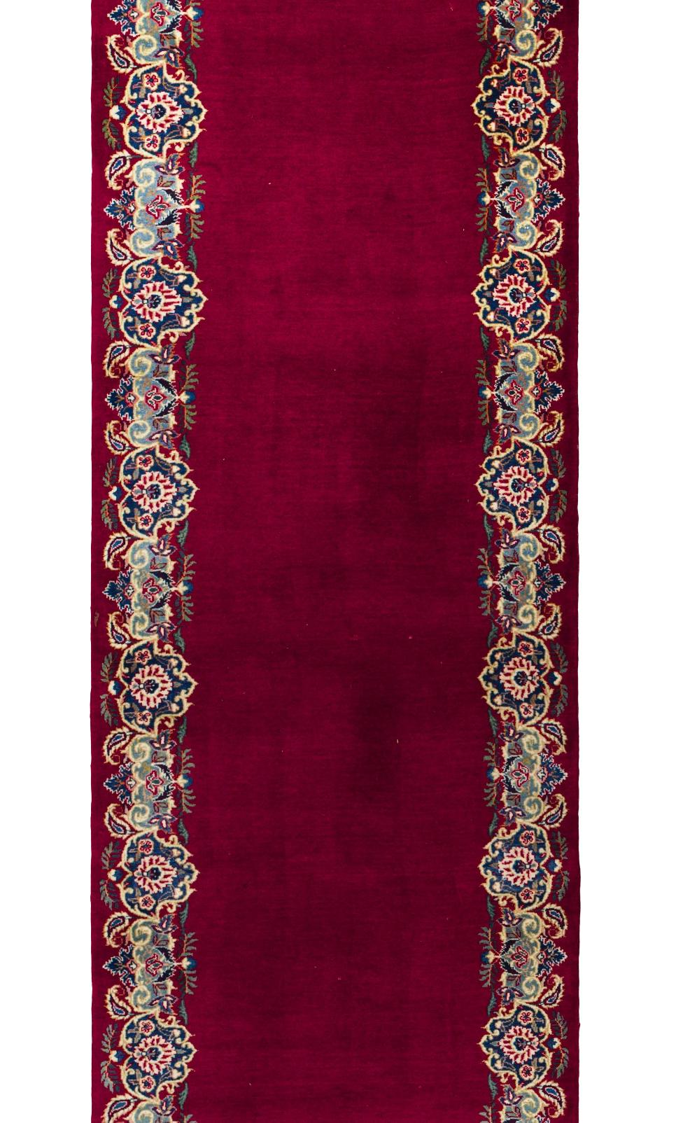 Red Kashan Wool Hand Knotted Runner 3 ft x 18 ft, Crimson Border Serenade For Sale 1