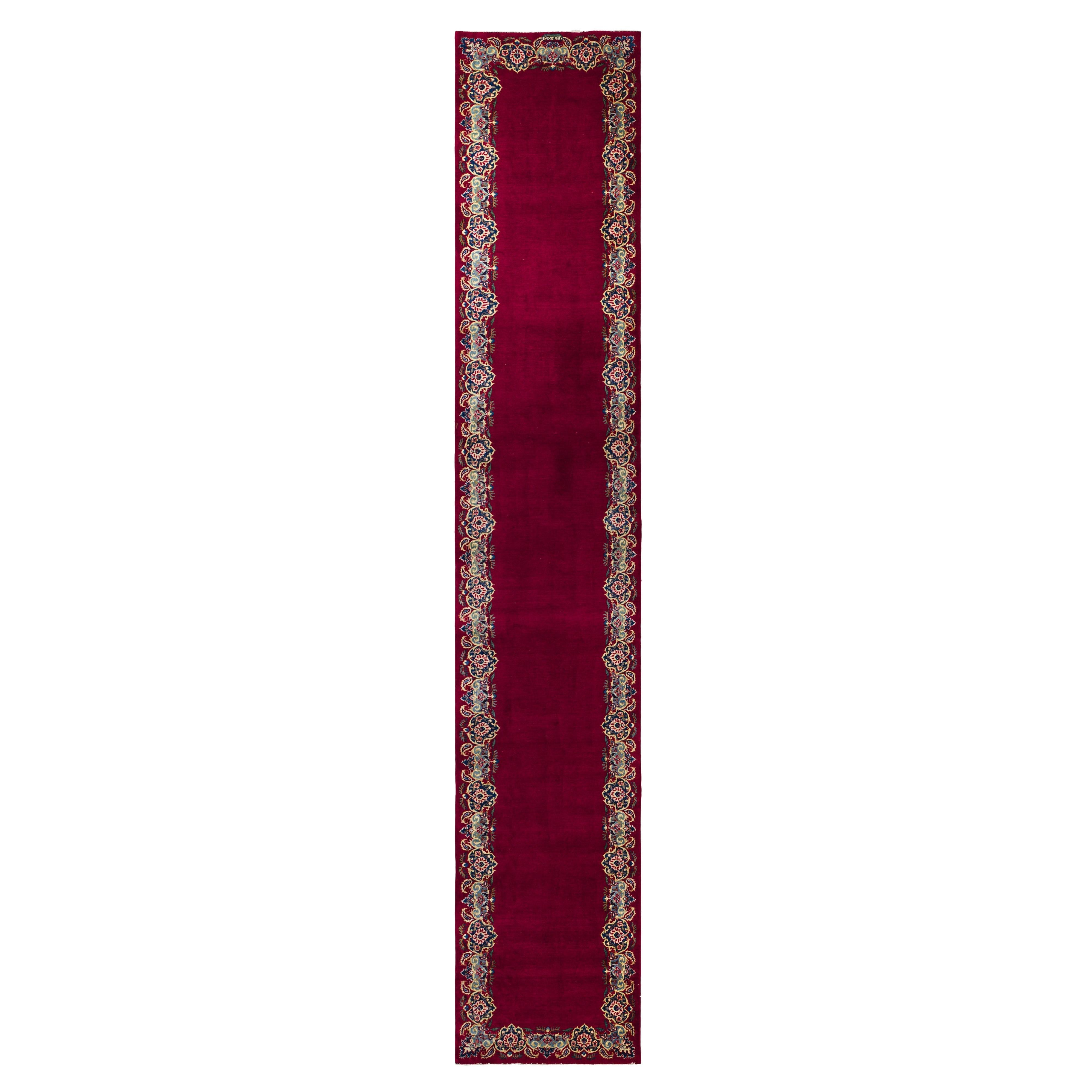 Red Kashan Wool Hand Knotted Runner 3 ft x 18 ft, Crimson Border Serenade For Sale