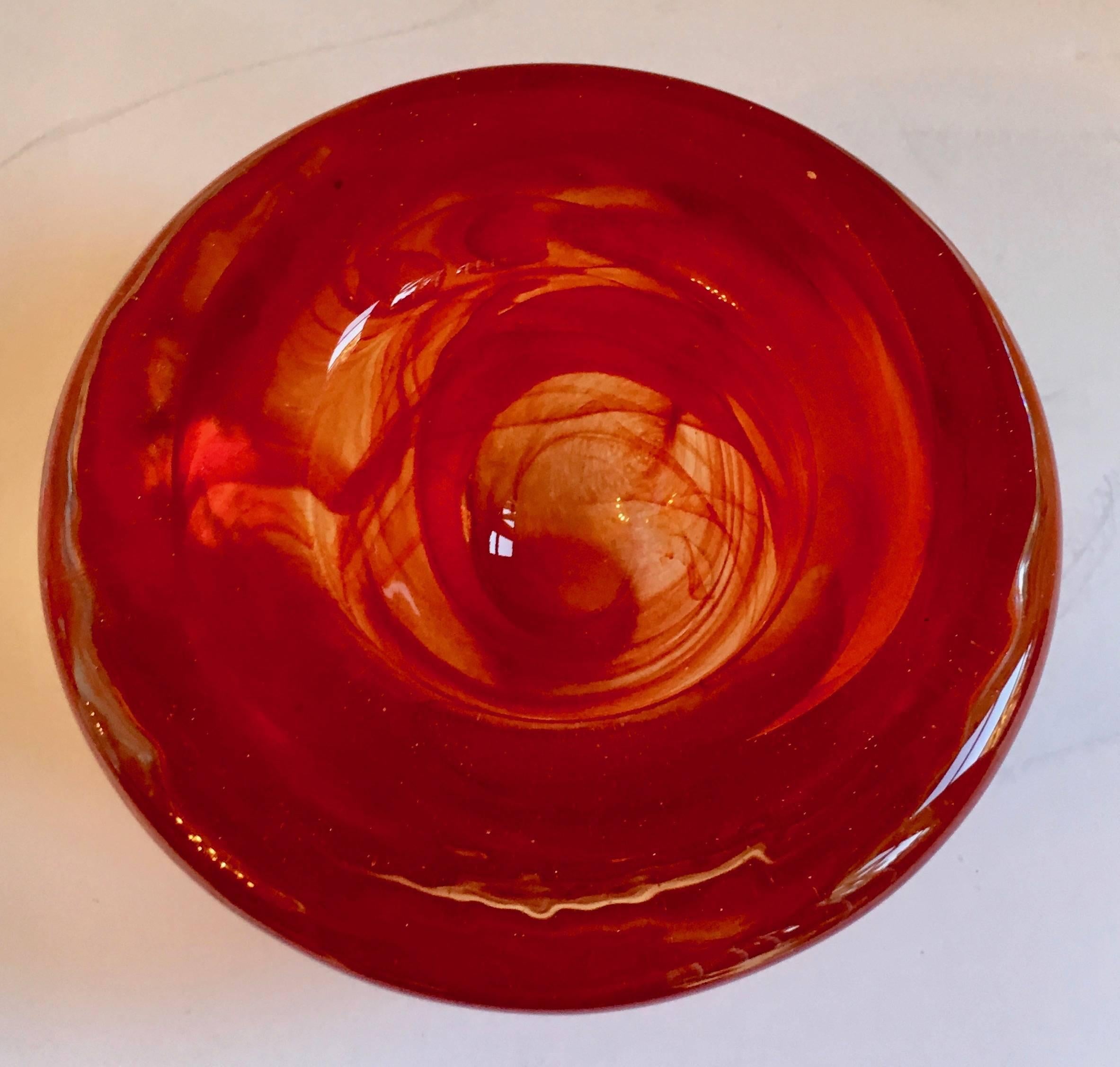 Red Kosta Boda bowl votive by Anna Ehrner, a beautiful art glass bowl, could be used as a votive or for the desk or bathroom, from paper clips to cotton balls.