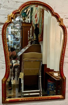 Red Lacquer and Chinoiserie Framed Bevel Edge Mirror by Baker, circa 1970s