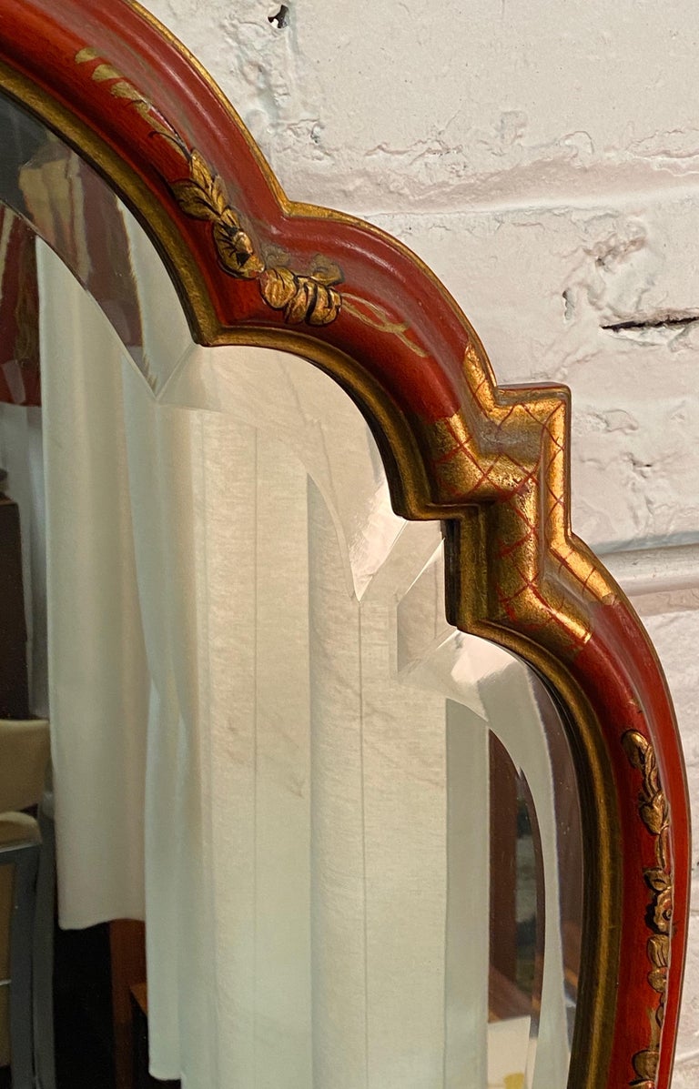 Red Lacquer and Chinoiserie Framed Bevel Edge Mirror by Baker, circa
