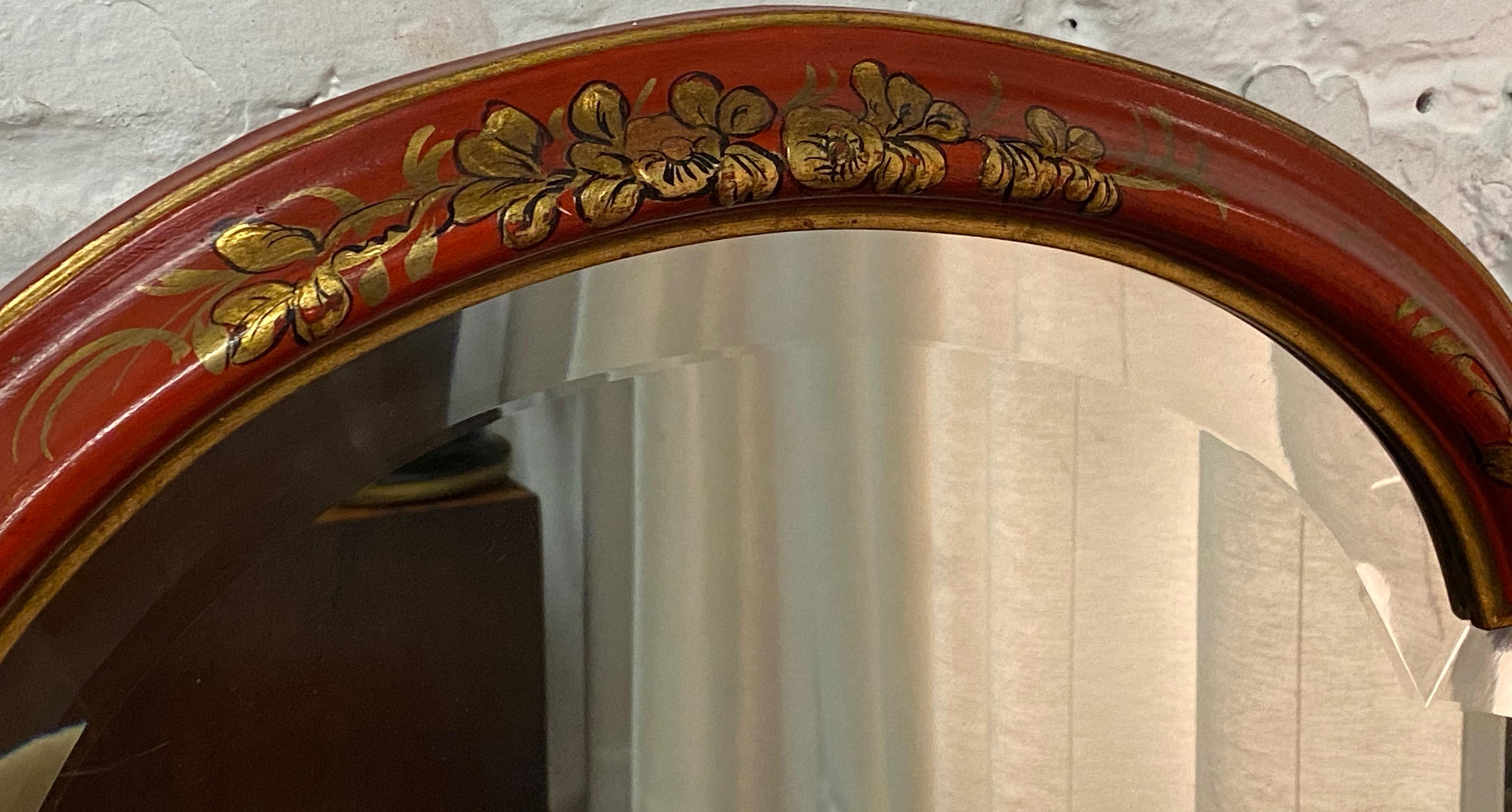 American Red Lacquer and Chinoiserie Framed Bevel Edge Mirror by Baker, circa 1970s