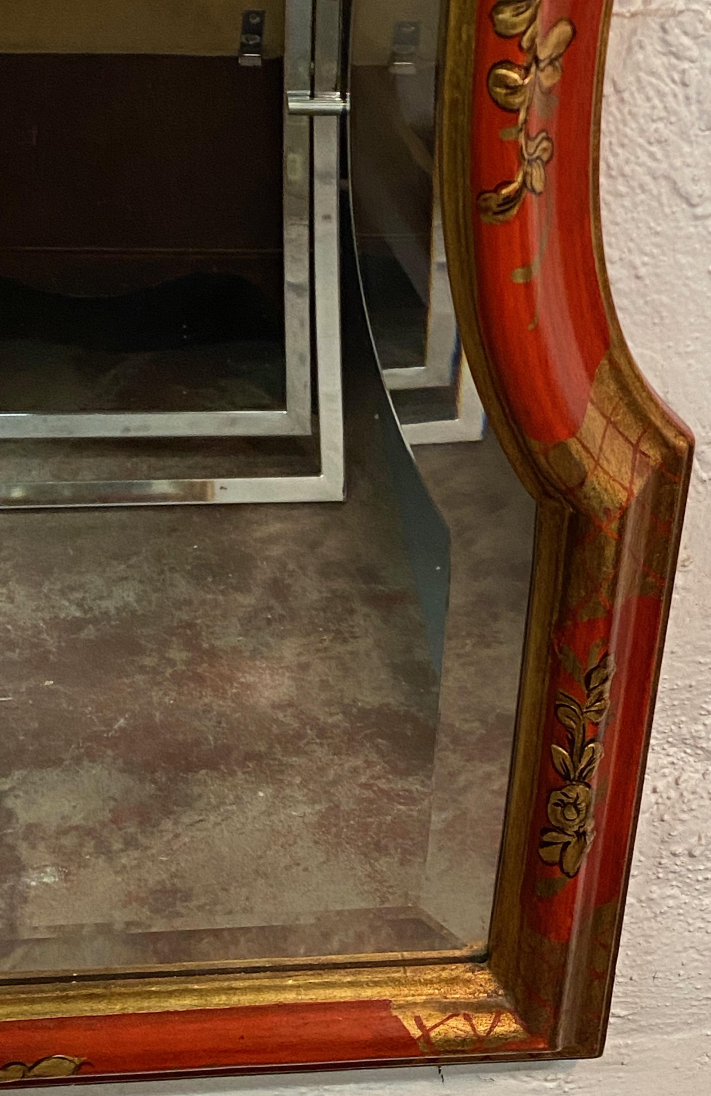 Red Lacquer and Chinoiserie Framed Bevel Edge Mirror by Baker, circa 1970s In Good Condition In San Francisco, CA