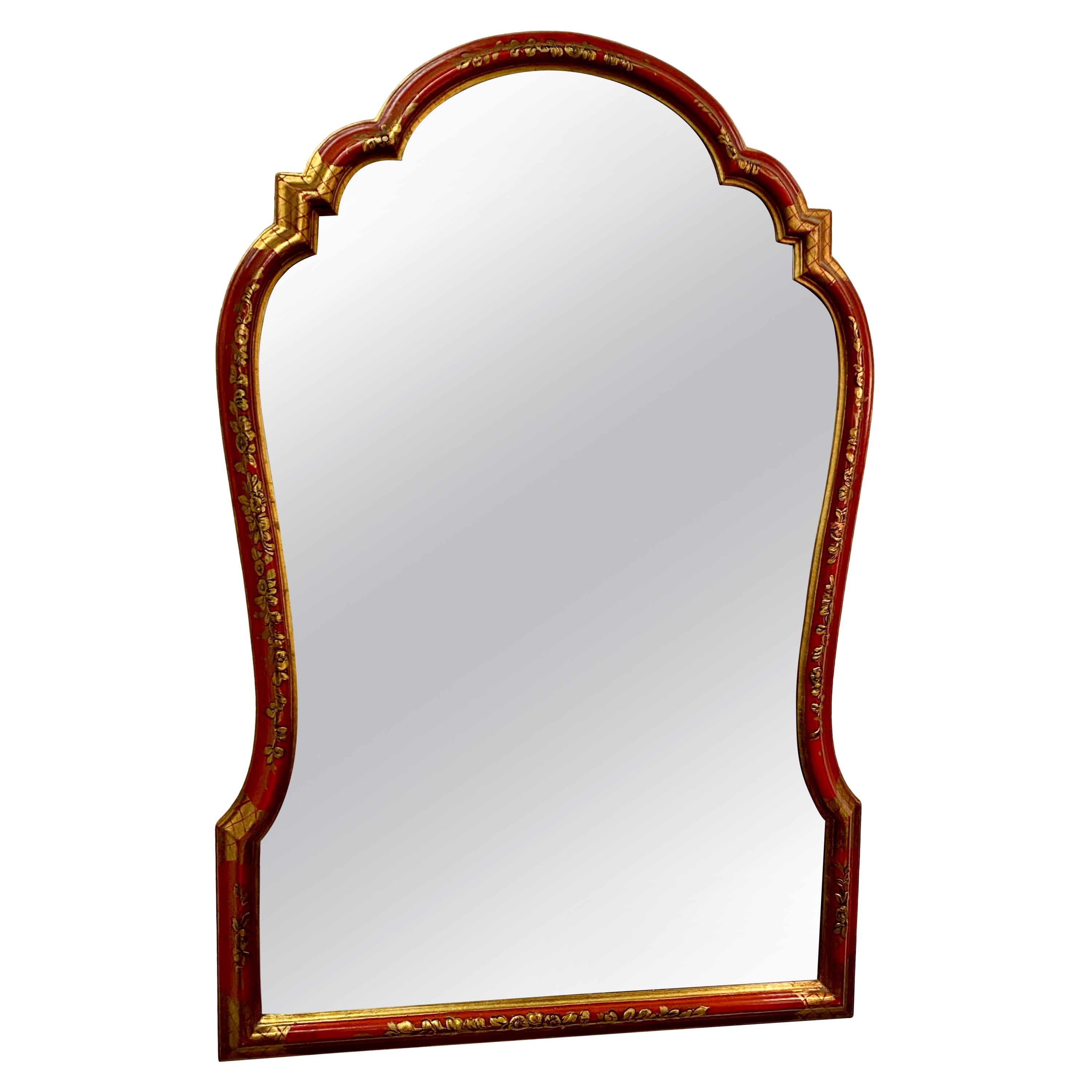 Red Lacquer and Chinoiserie Framed Bevel Edge Mirror by Baker, circa 1970s