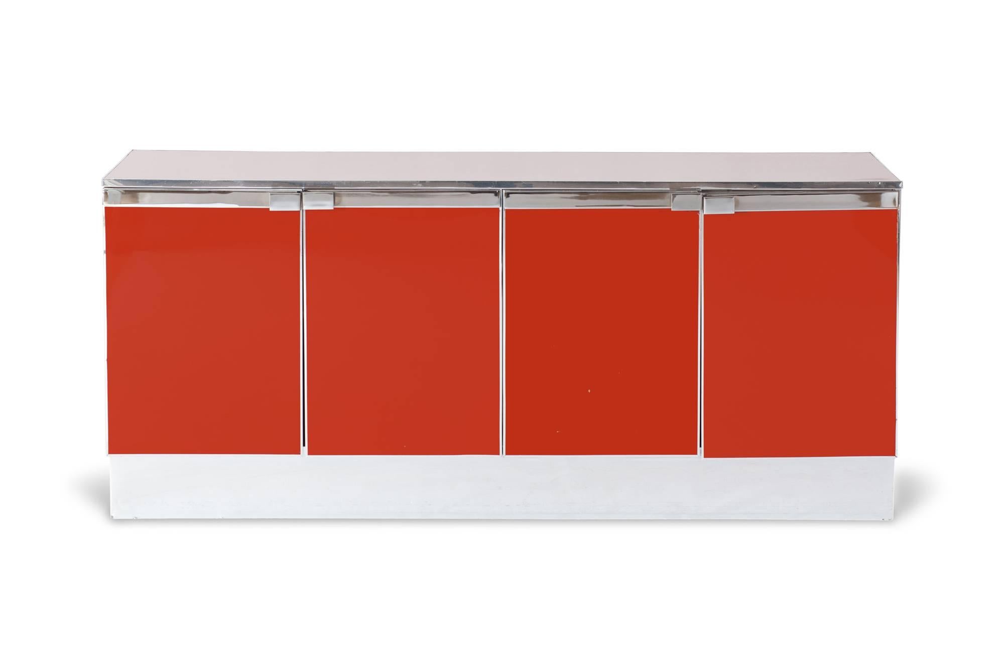 Mid-Century Modern Red Lacquer and Chrome Credenza Style Maison Jansen