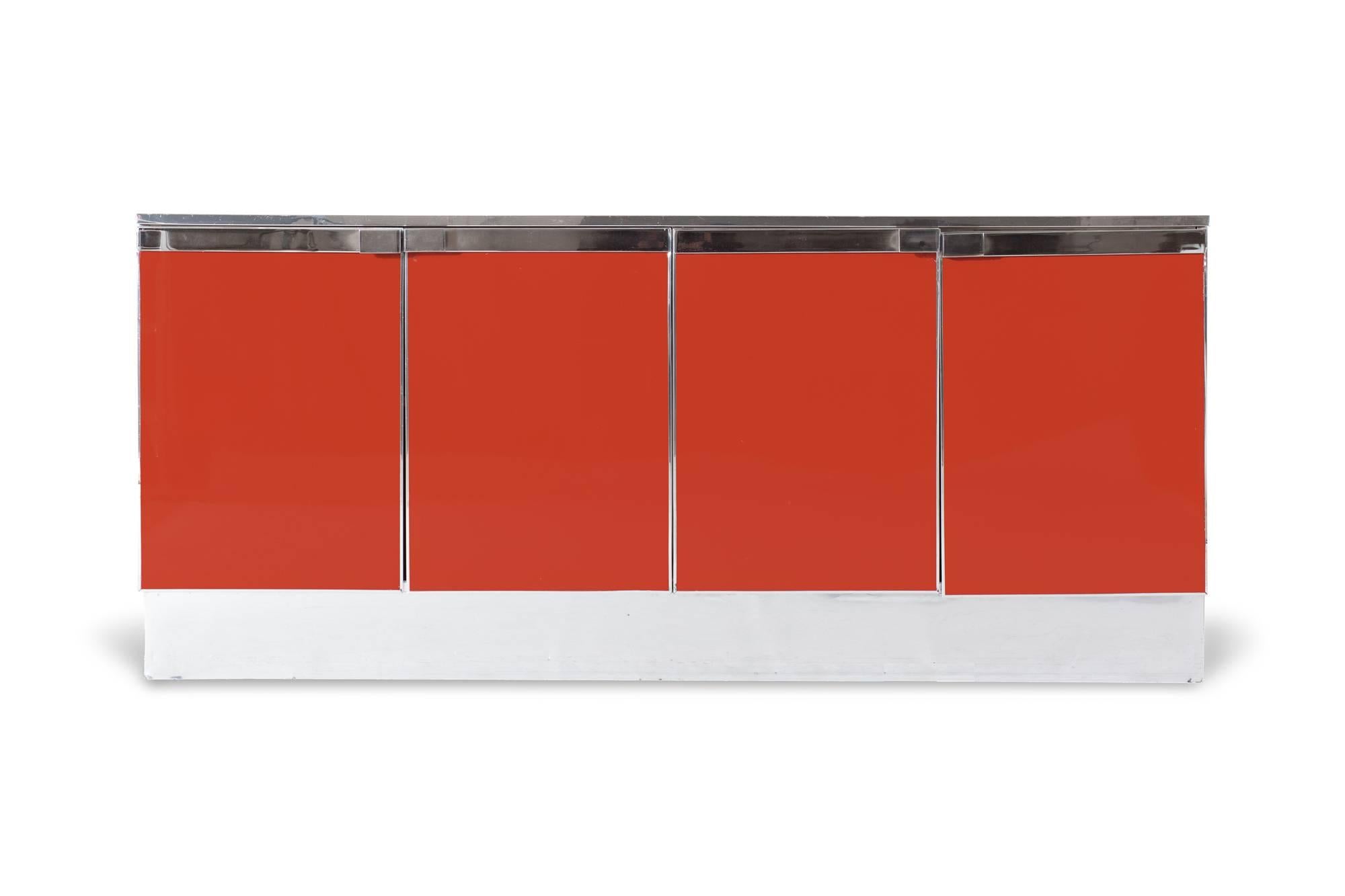 French Red Lacquer and Chrome Credenza Style Maison Jansen