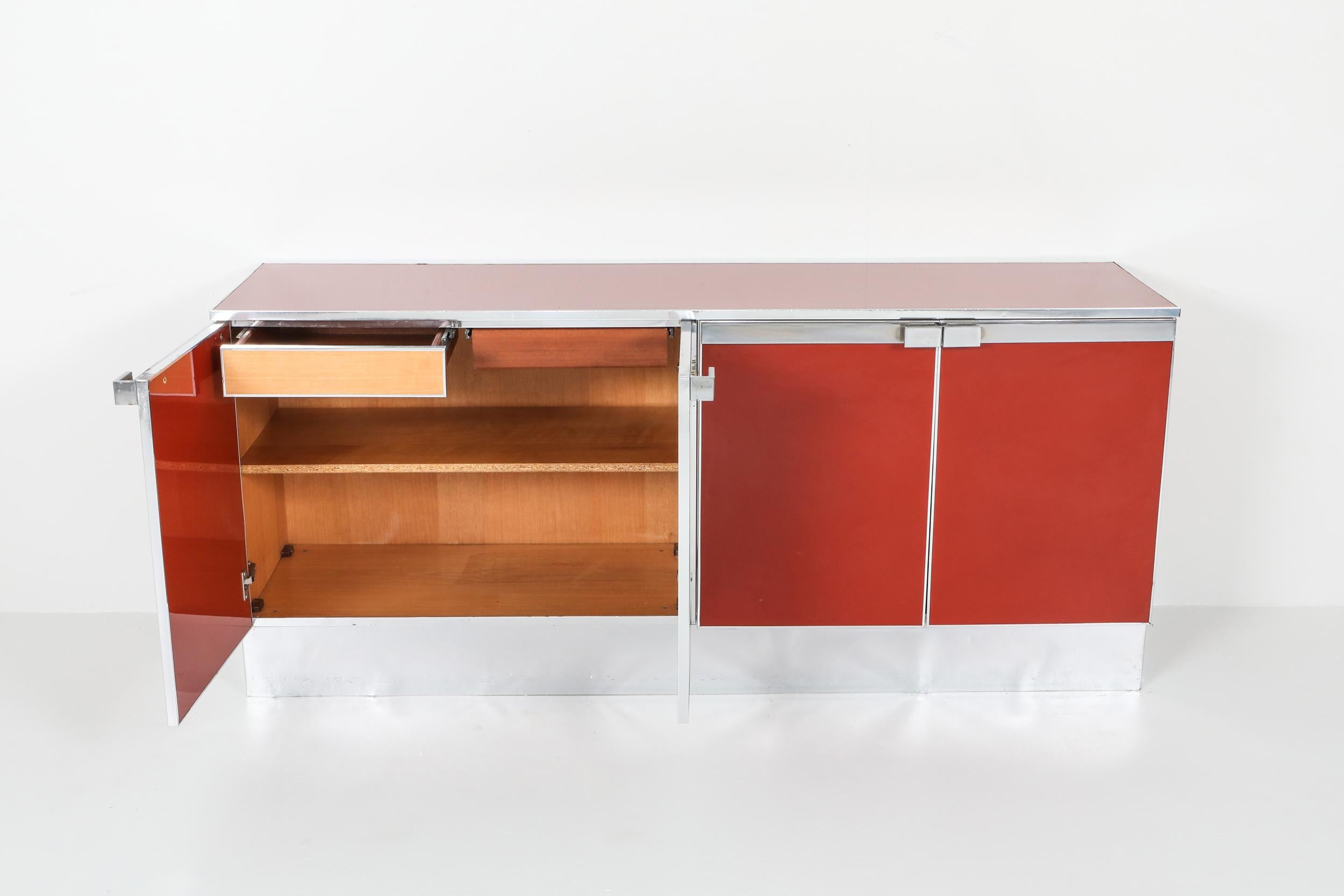 International Style Red Lacquer and Chrome Credenza Style Maison Jansen