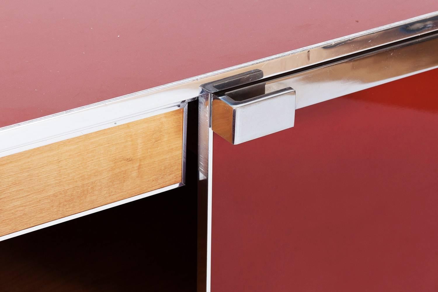 Lacquered Red Lacquer and Chrome Credenza Style Maison Jansen