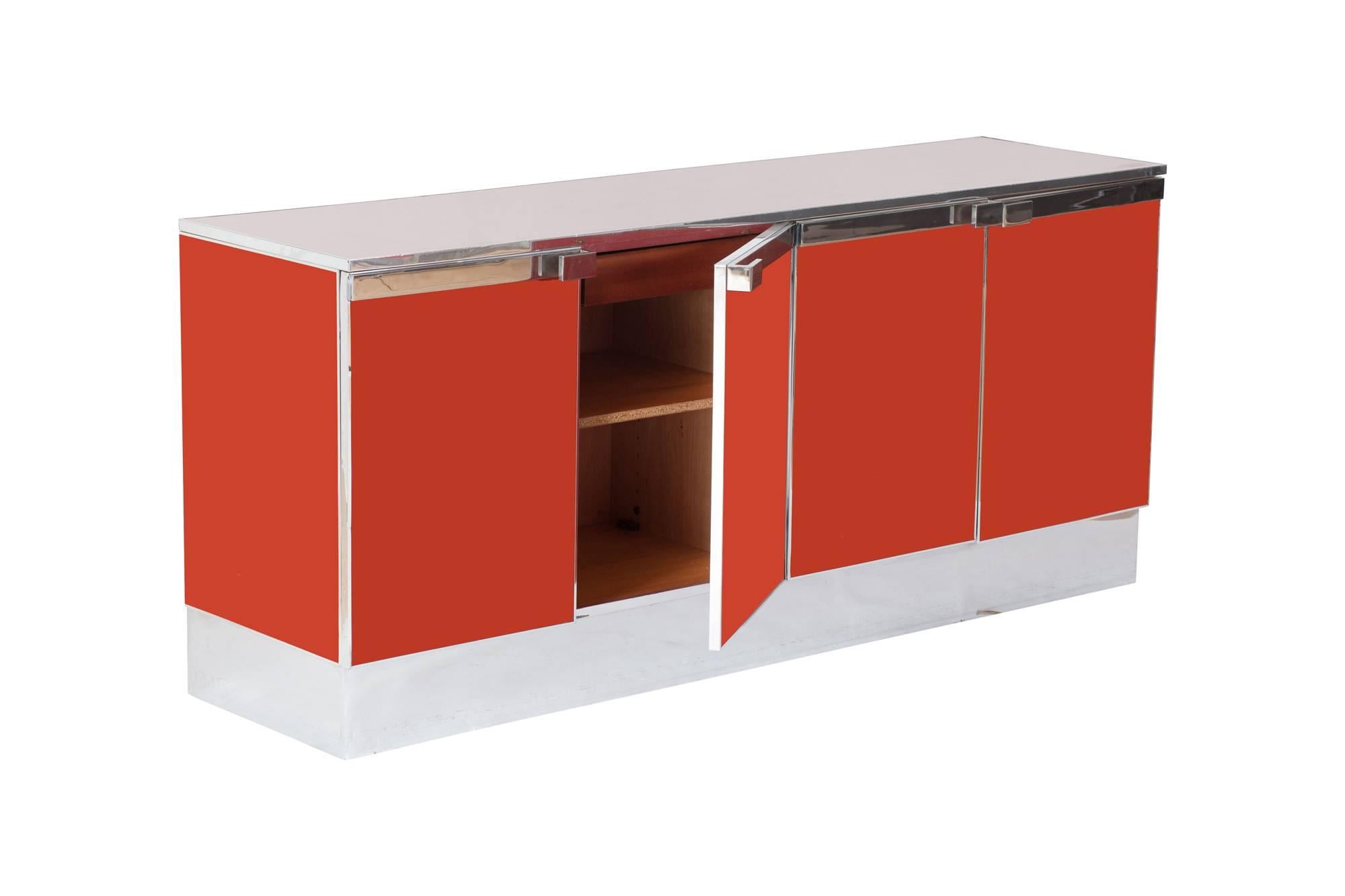 Late 20th Century Red Lacquer and Chrome Credenza Style Maison Jansen