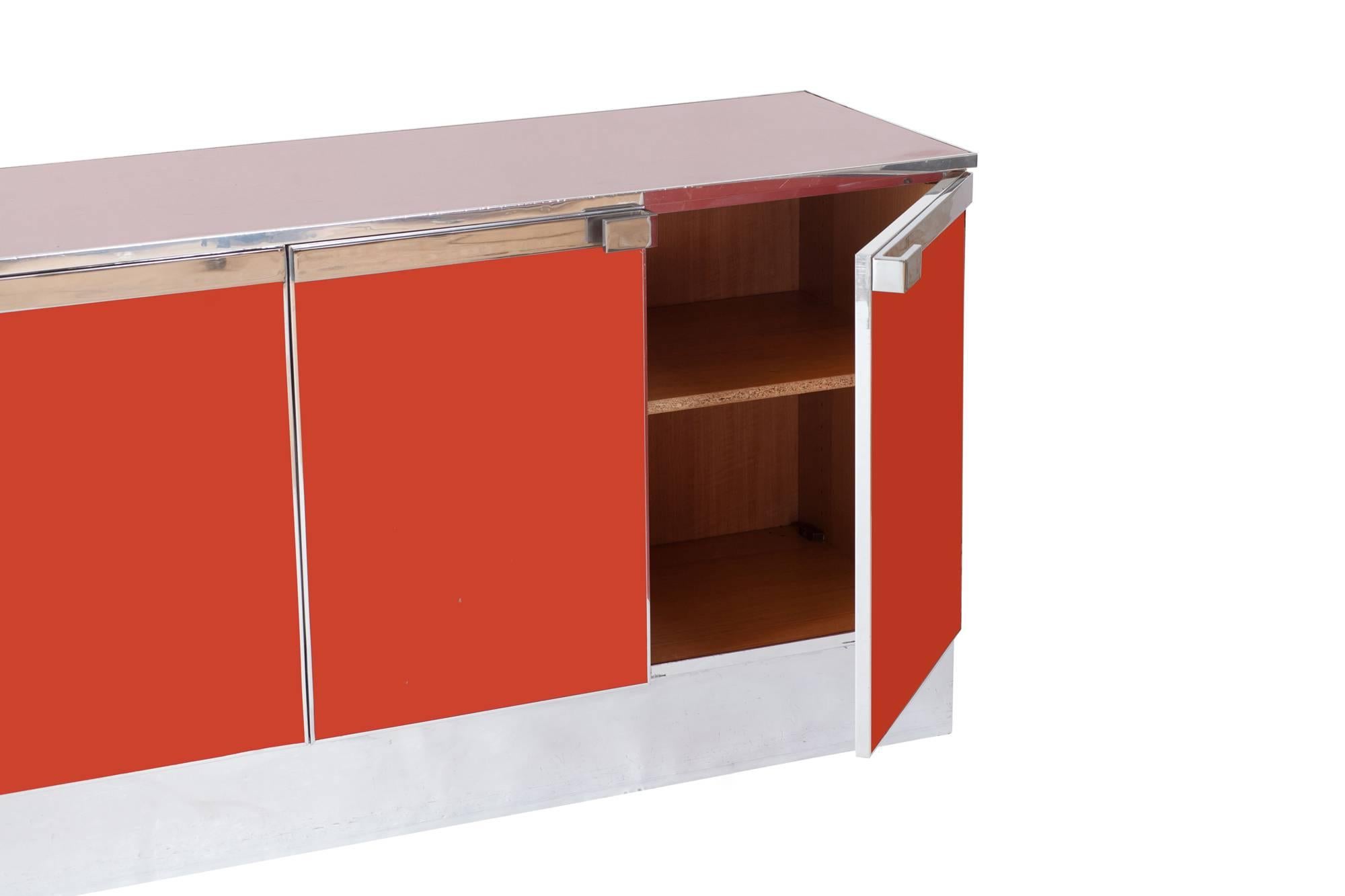 Red Lacquer and Chrome Credenza Style Maison Jansen 1