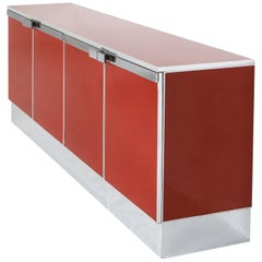 Red Lacquer and Chrome Credenza Style Maison Jansen