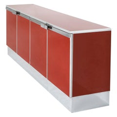 Red Lacquer and Chrome Credenza Style Maison Jansen