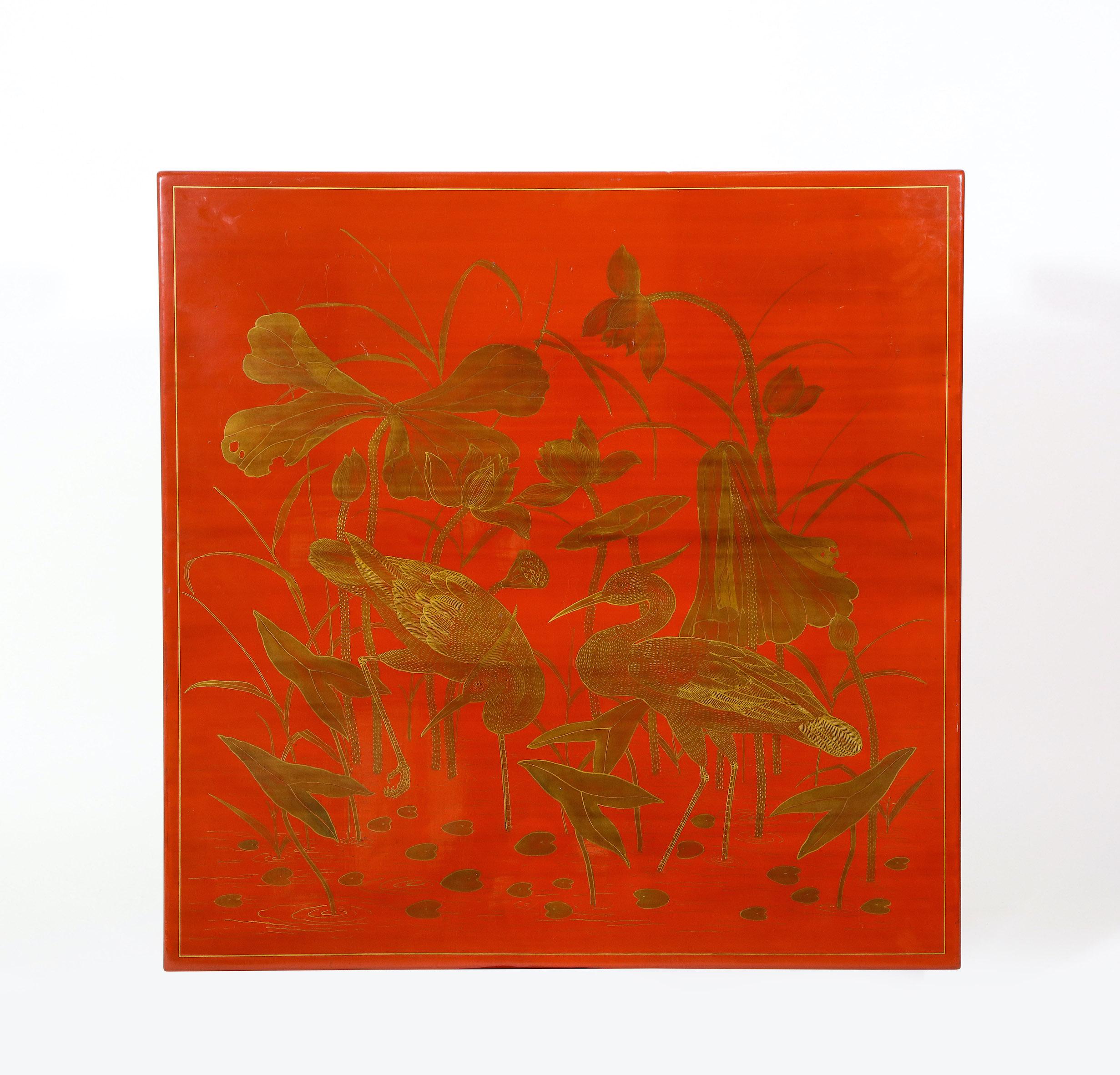 Red Lacquer and Gilt Chinoiserie Square Coffee Table For Sale at 1stDibs