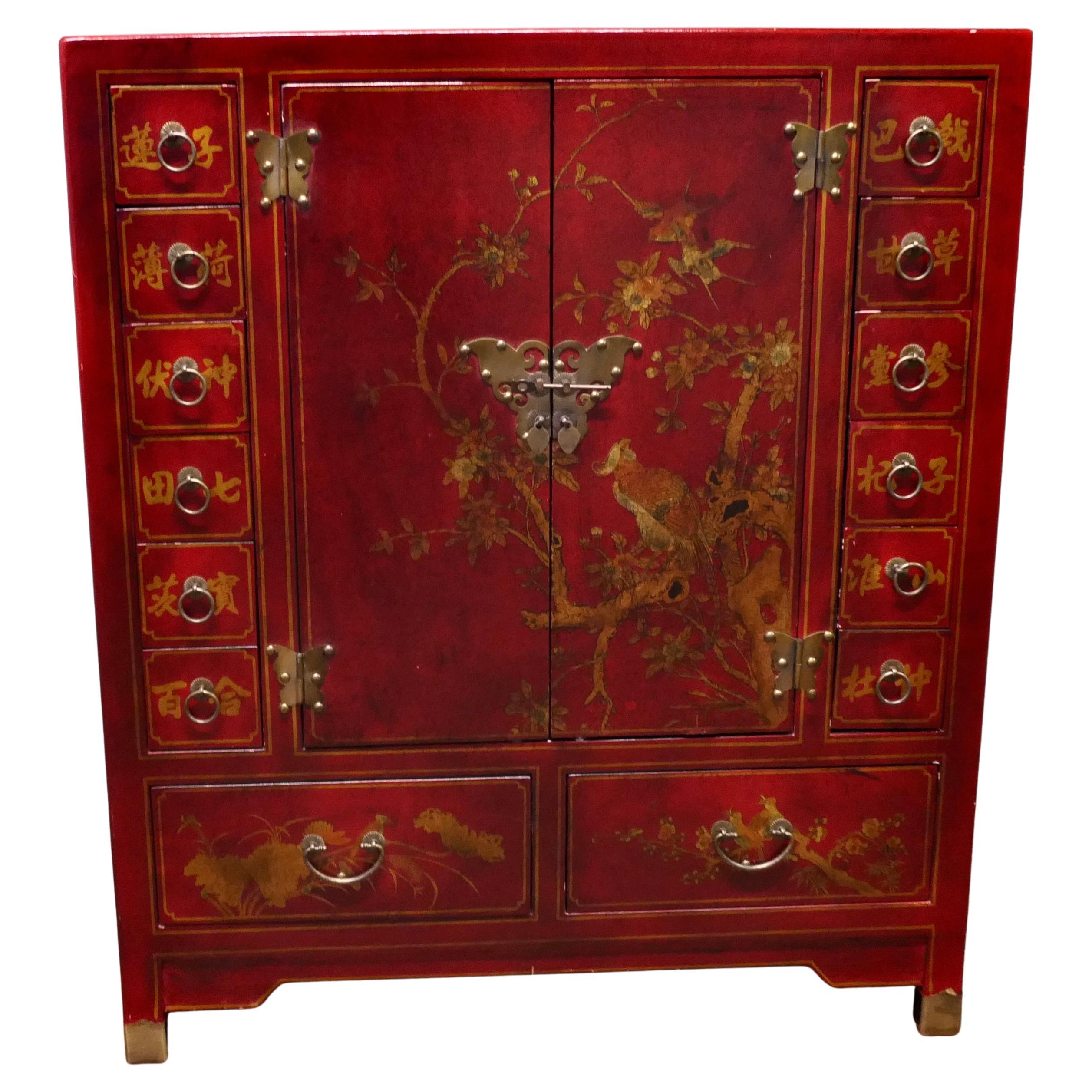 Red Lacquer Apothecaries Many Drawer Cabinet