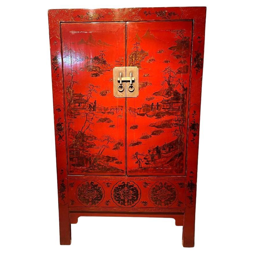 Red Lacquer Armoire with Gilt Motif