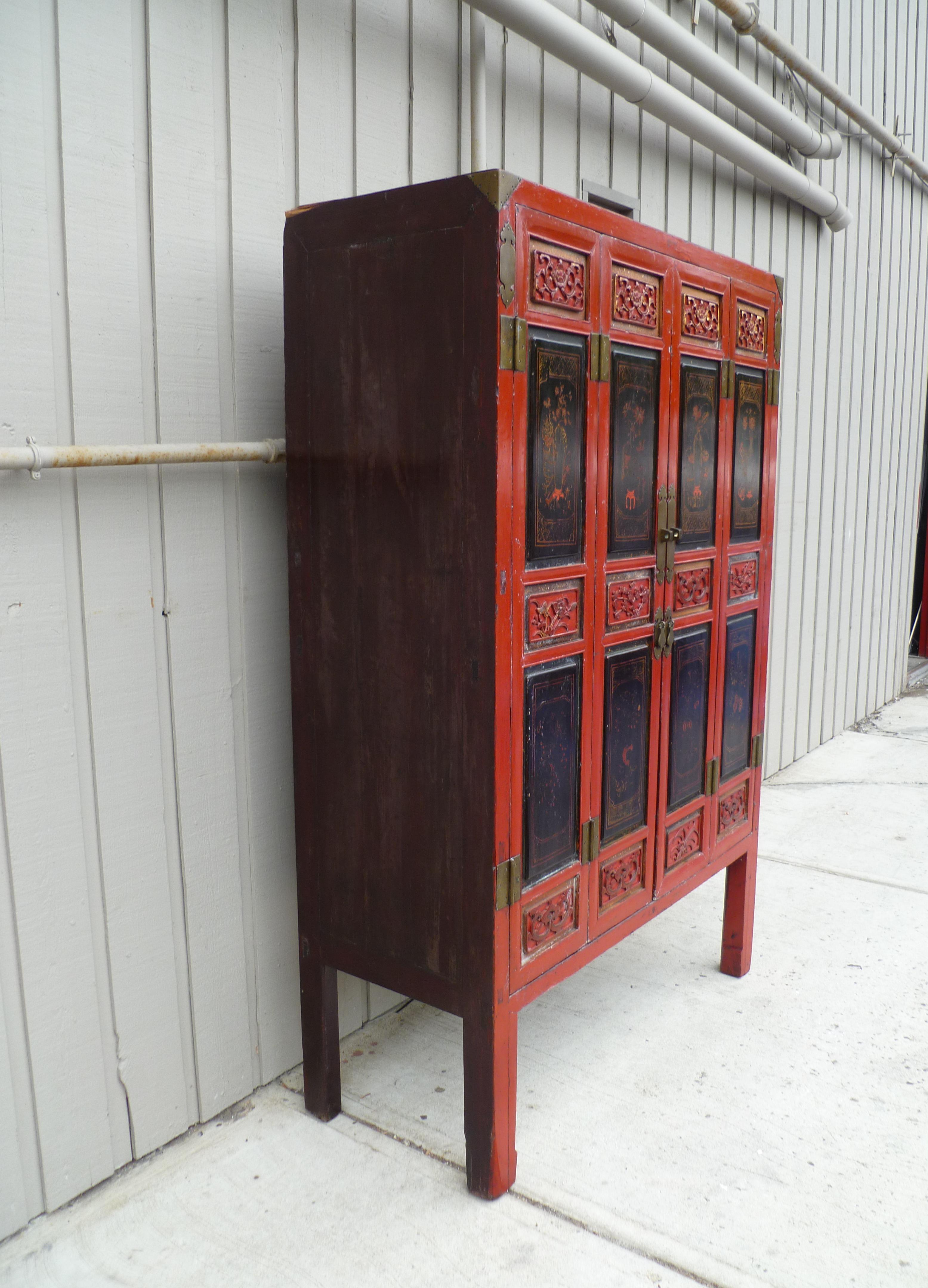 Red Lacquer Armoire with Relief Carving & Gilt Motif For Sale 3