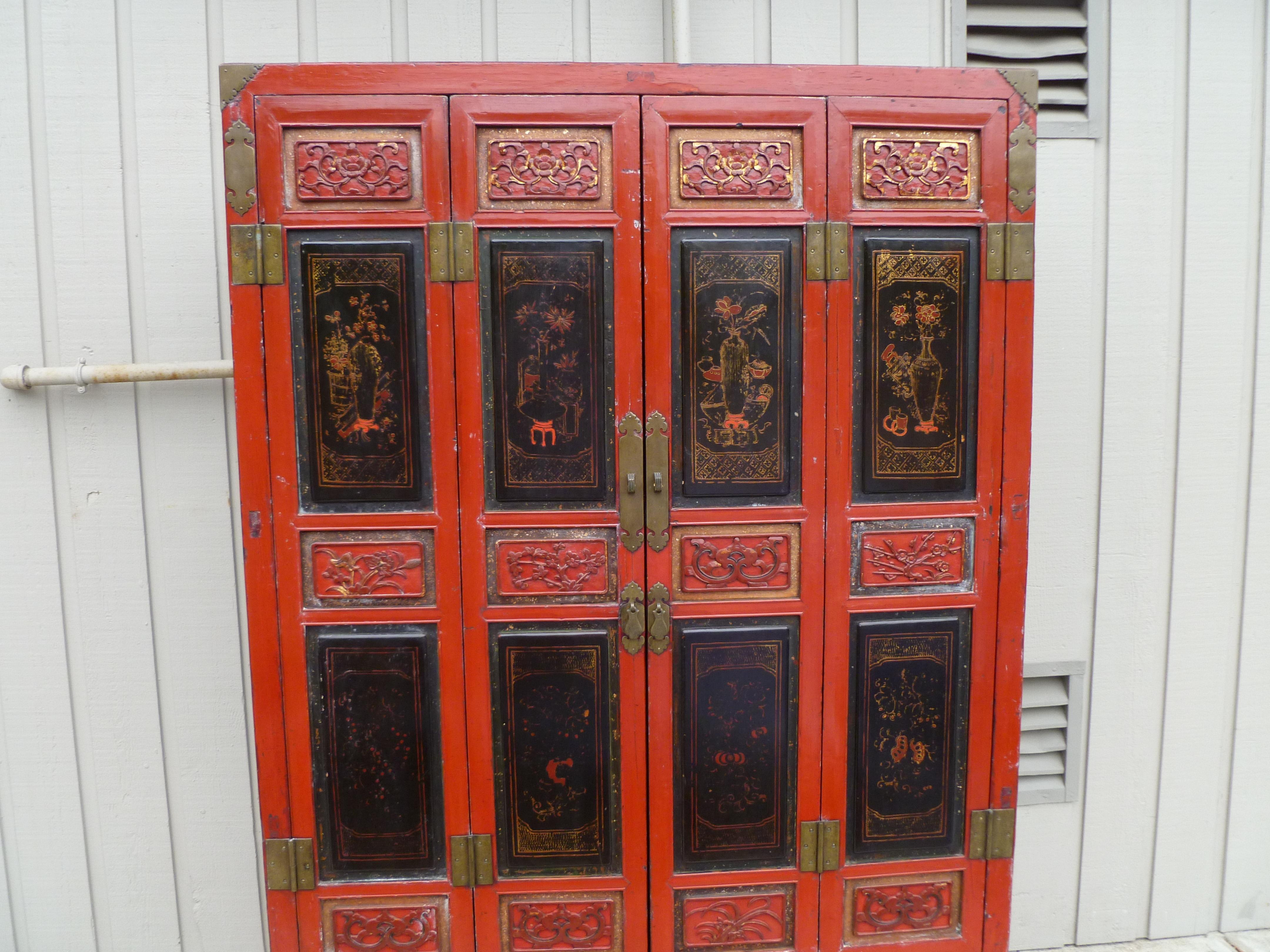 Red Lacquer Armoire with Relief Carving & Gilt Motif For Sale 6