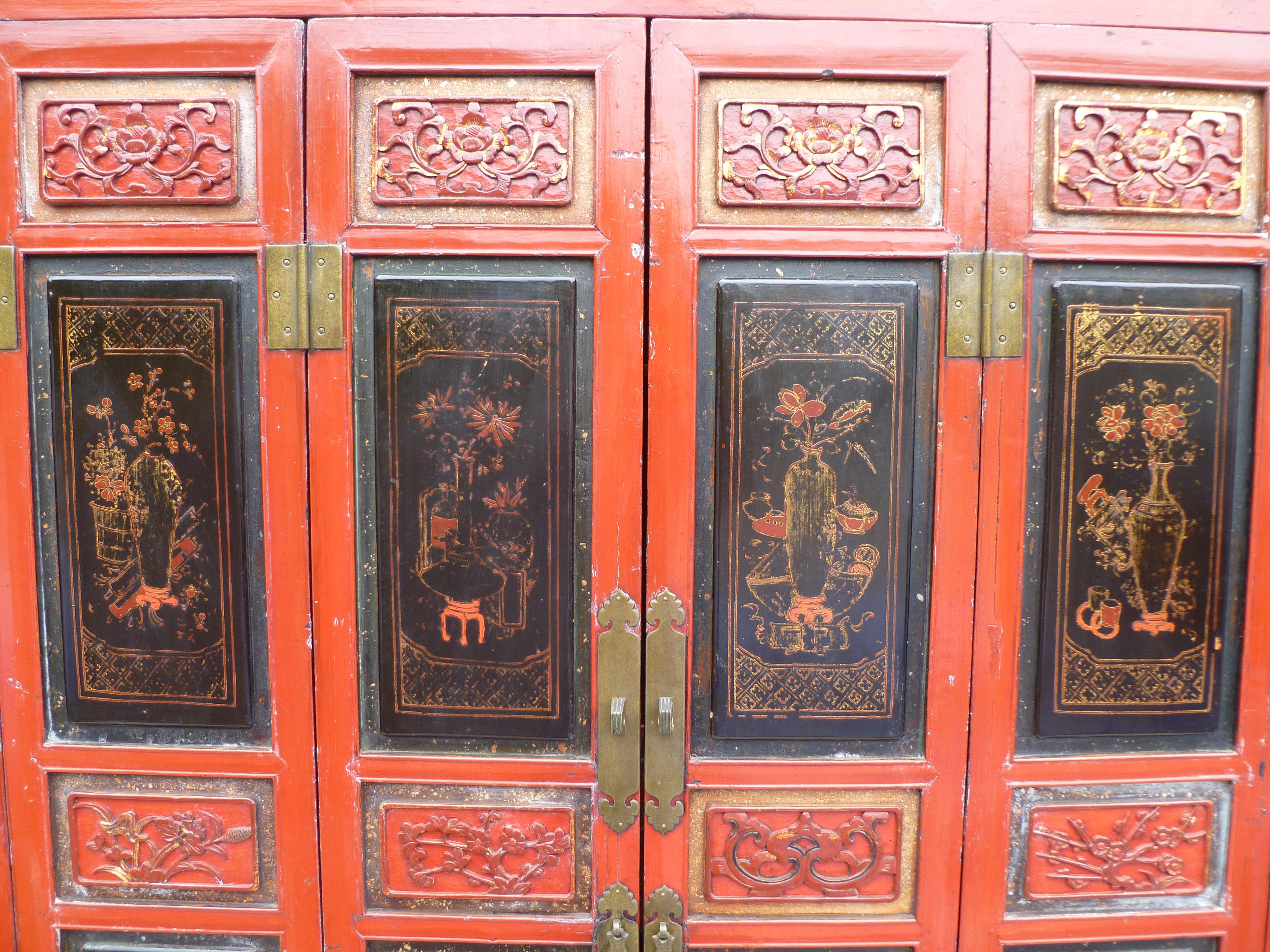 Red Lacquer Armoire with Relief Carving & Gilt Motif For Sale 8