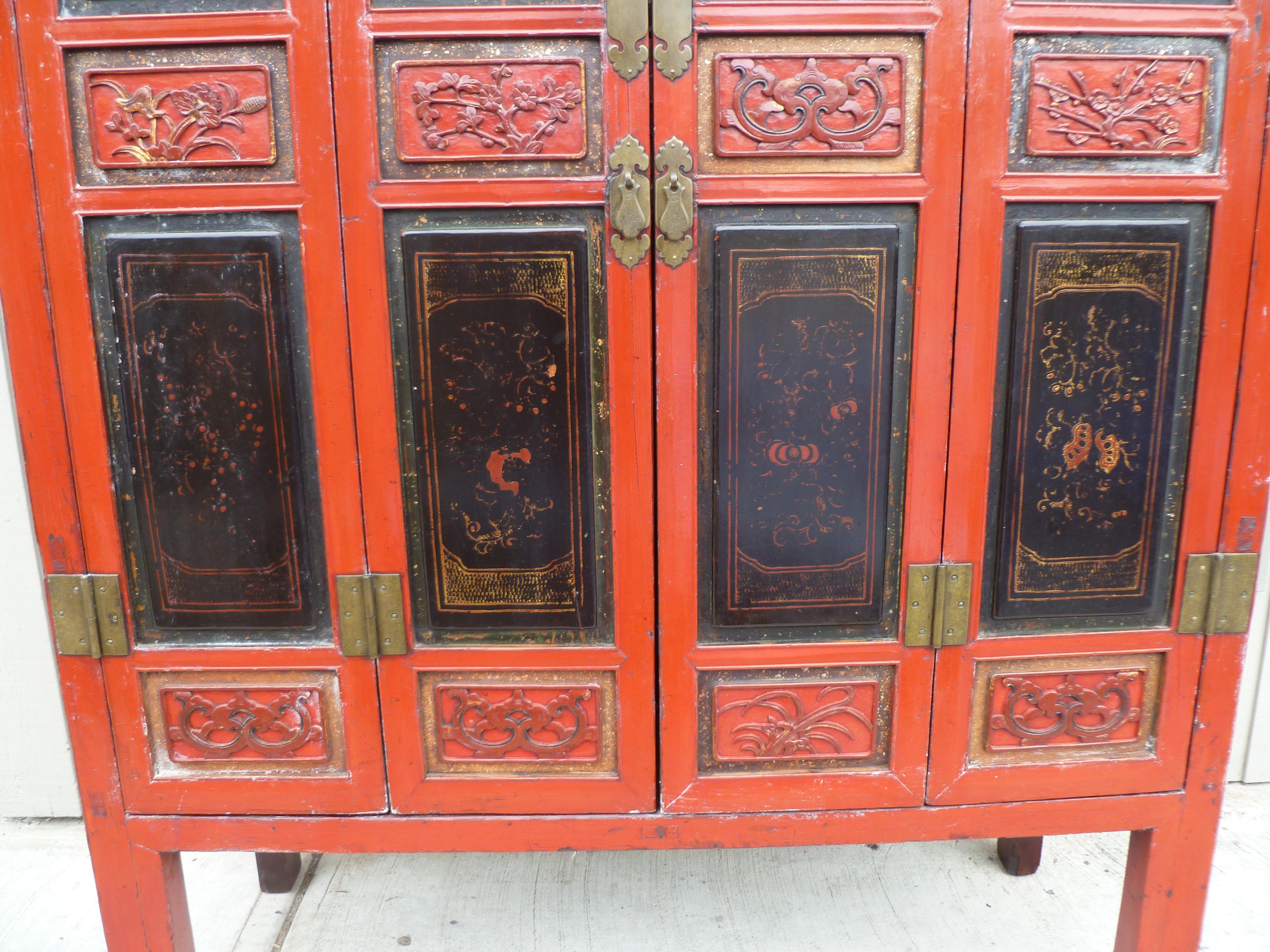 Red Lacquer Armoire with Relief Carving & Gilt Motif For Sale 9