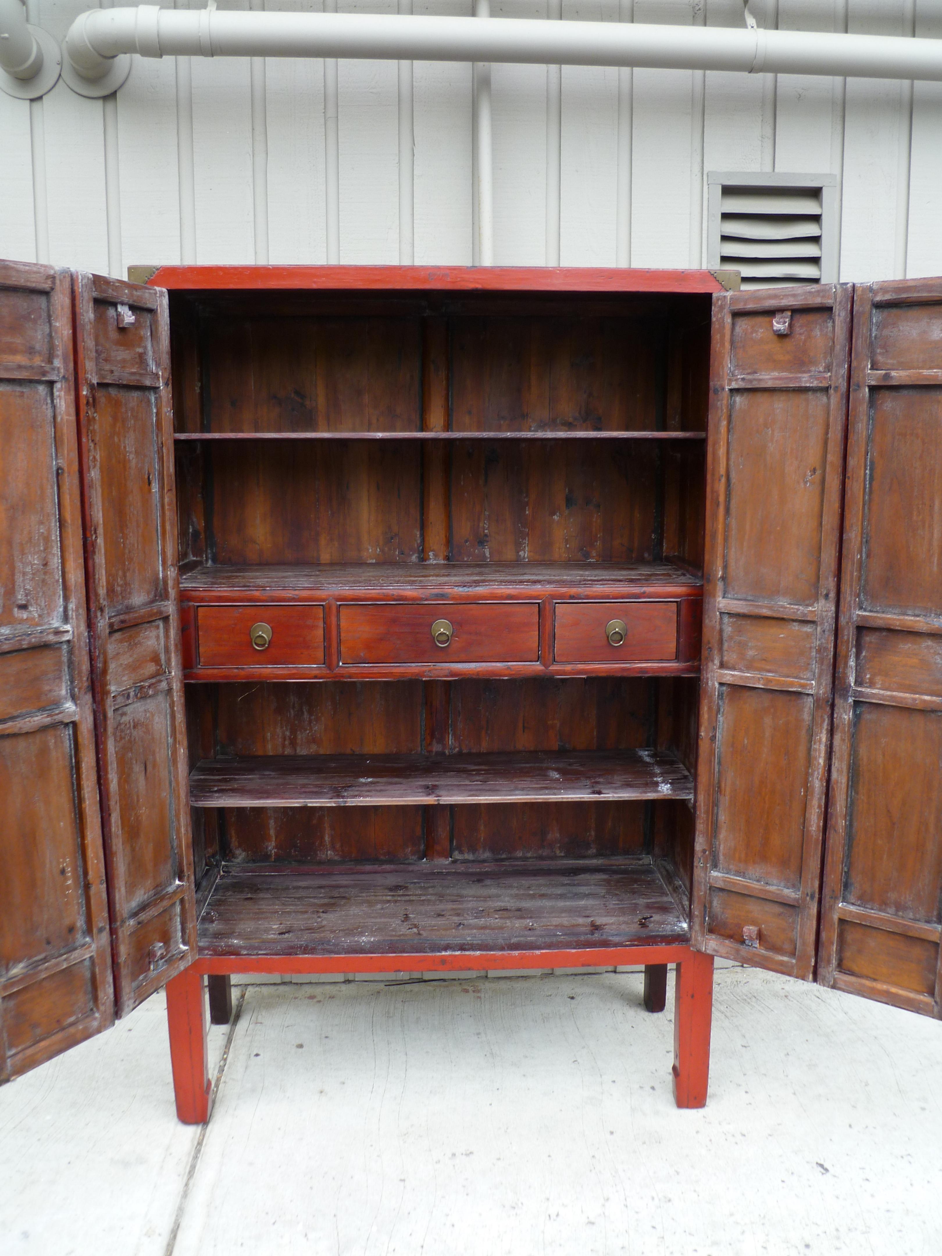 Red Lacquer Armoire with Relief Carving & Gilt Motif For Sale 10