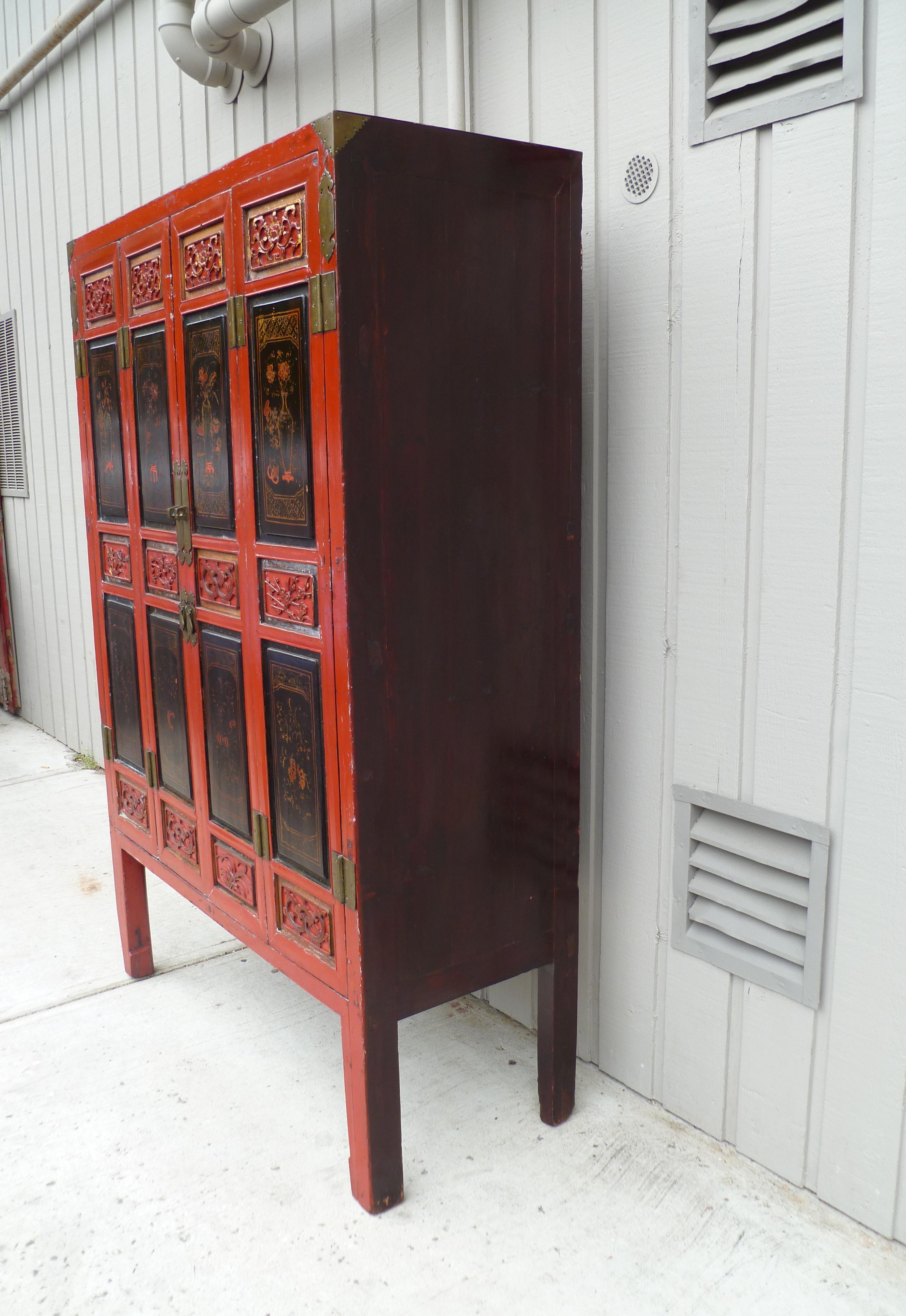 19th Century Red Lacquer Armoire with Relief Carving & Gilt Motif For Sale