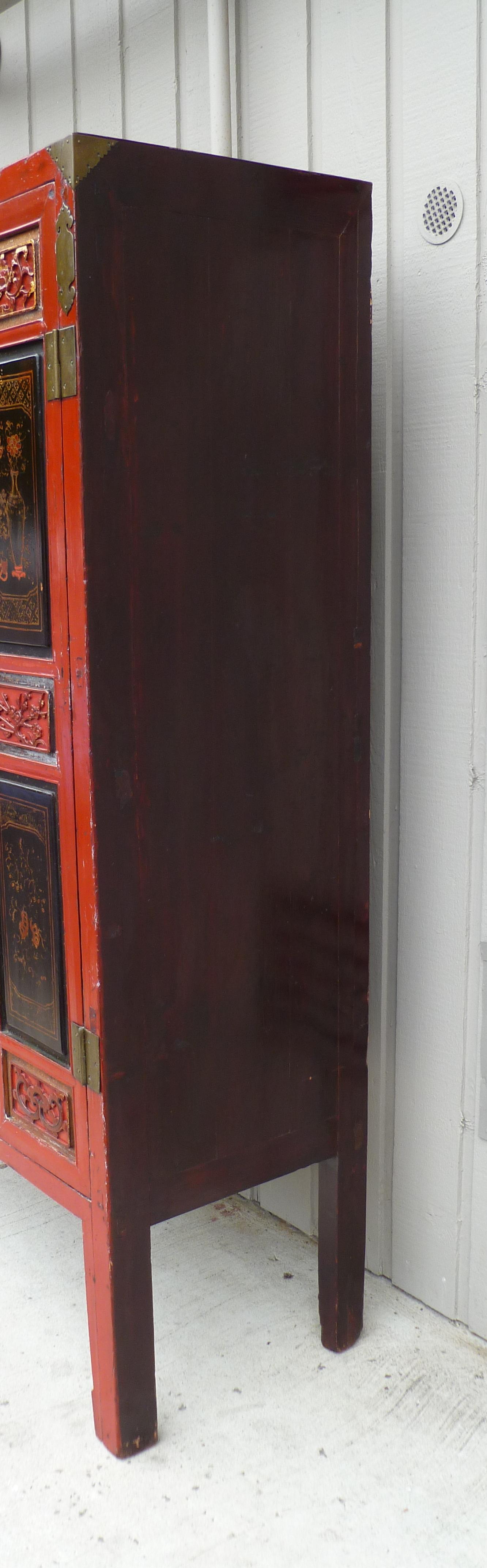 Wood Red Lacquer Armoire with Relief Carving & Gilt Motif For Sale