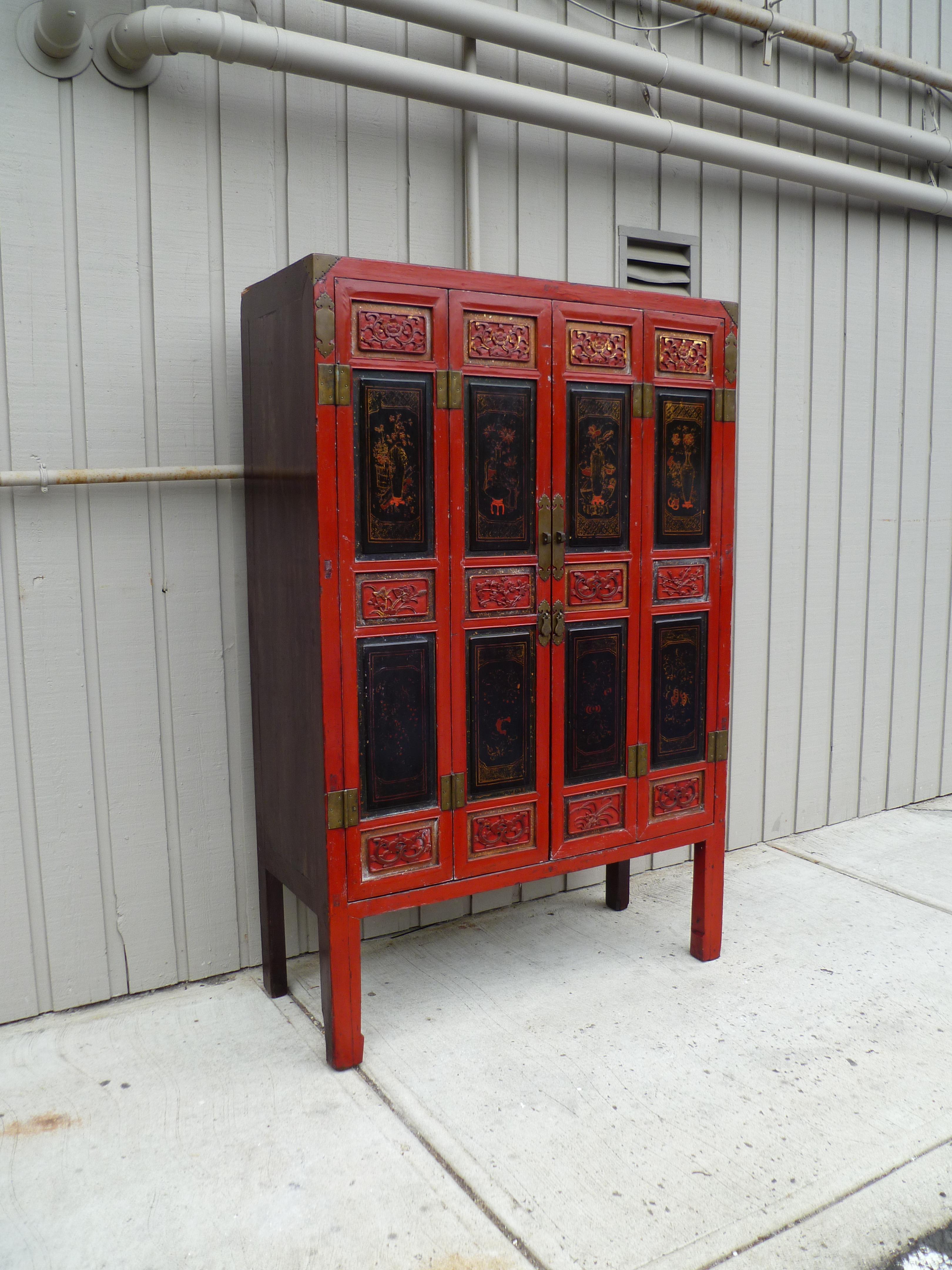 Red Lacquer Armoire with Relief Carving & Gilt Motif For Sale 1