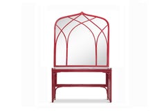 Table console en bambou laqué rouge avec miroir