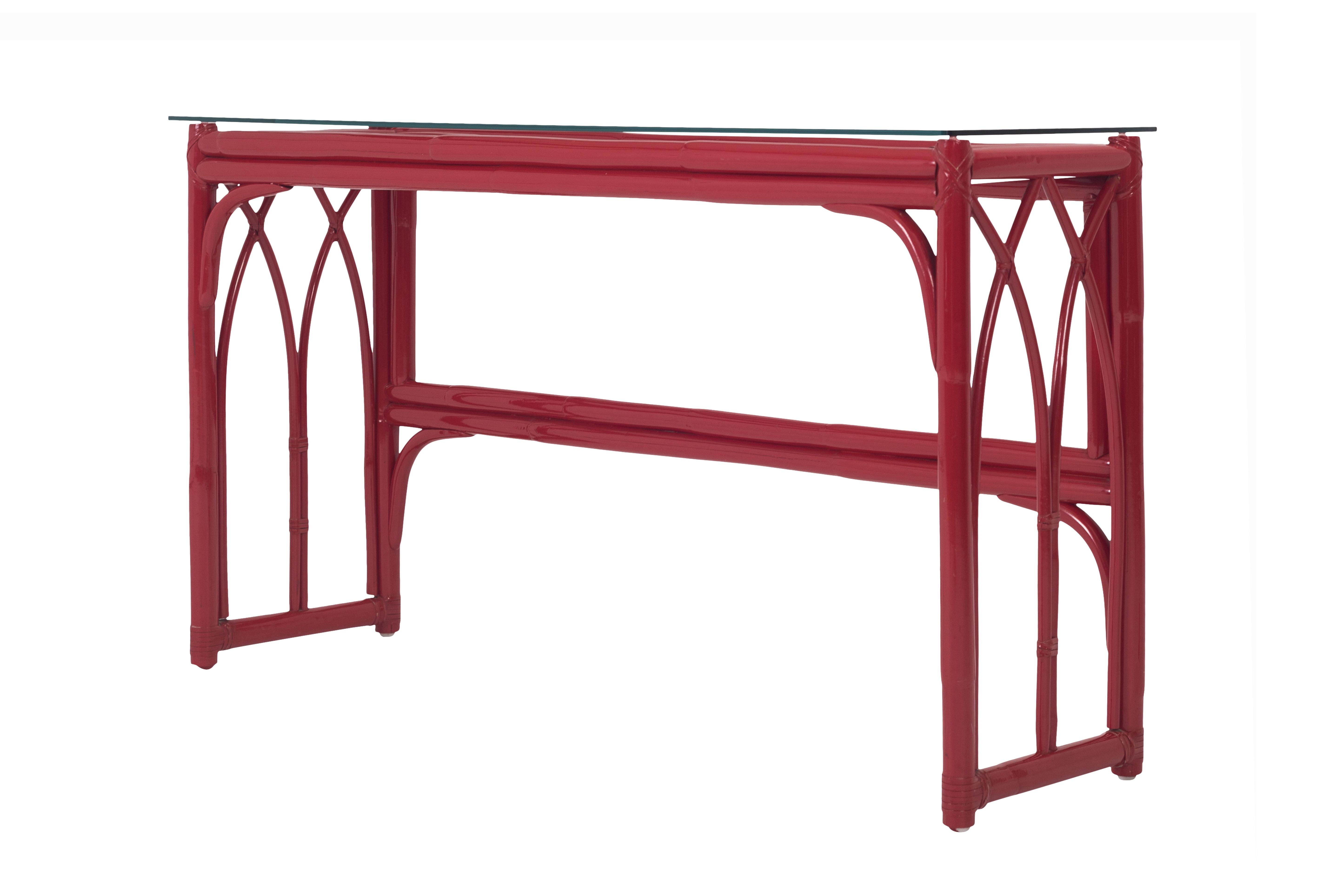 Red Lacquer Bamboo console Table with Mirror In Good Condition In Antwerp, BE