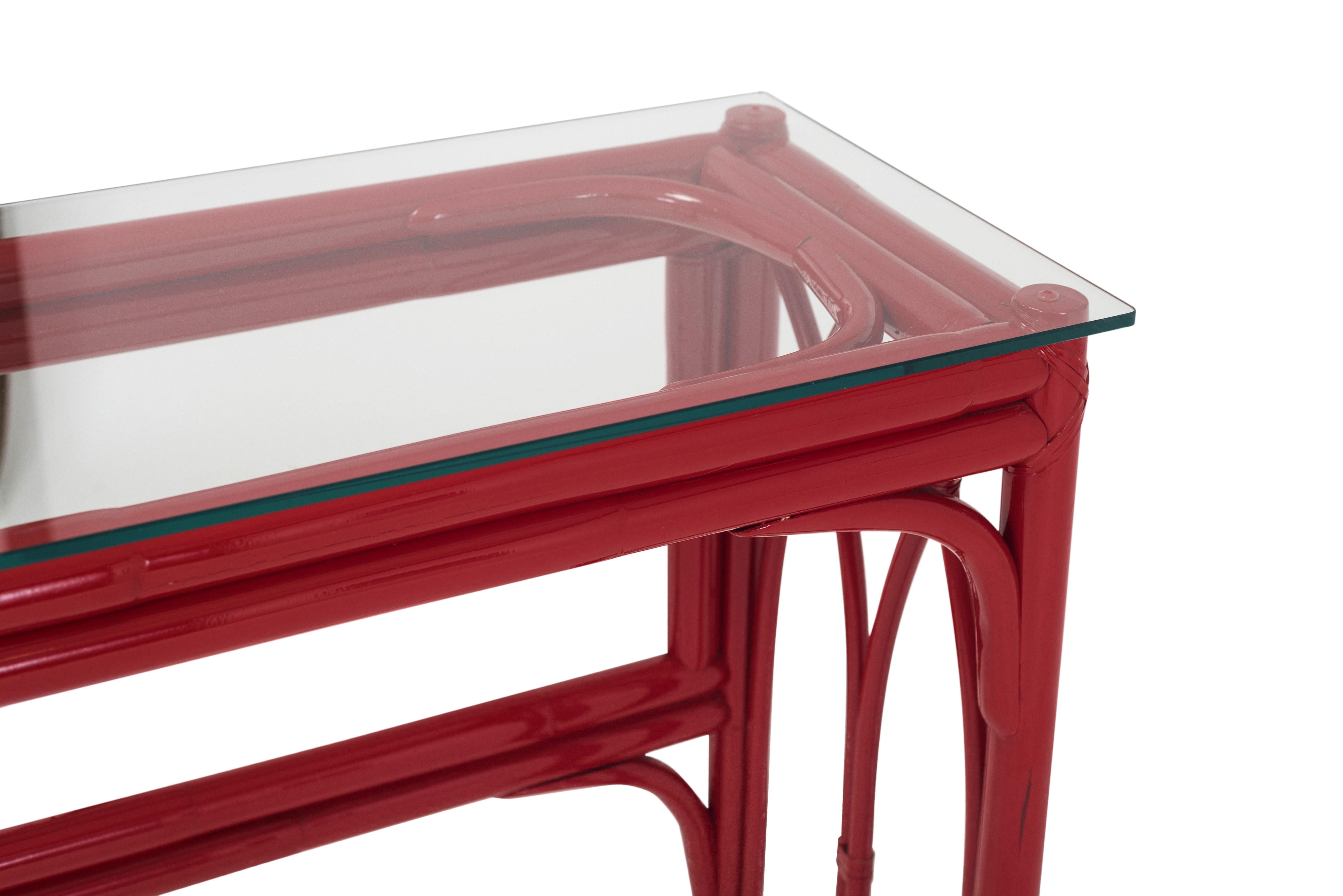 Red Lacquer Bamboo console Table with Mirror 1